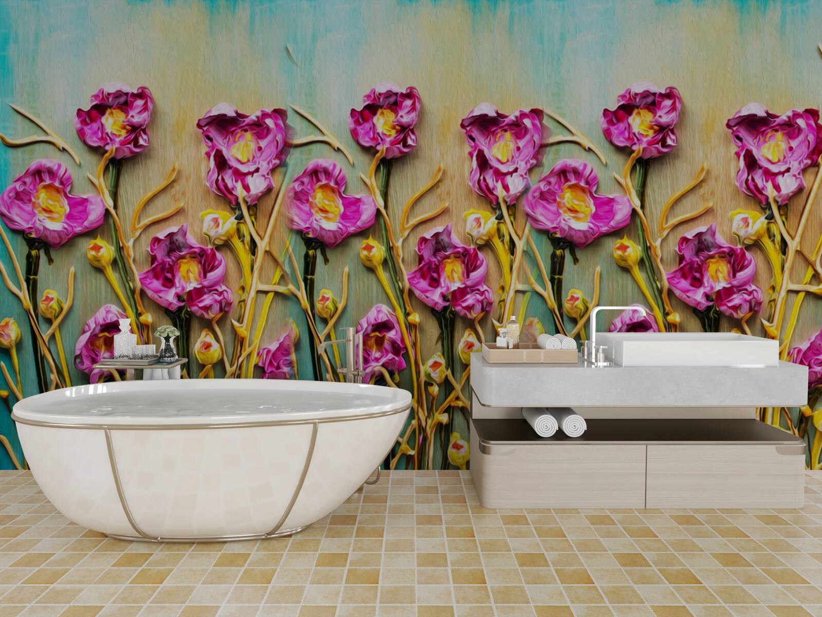 Fototapet flori abstracte pictate în ulei