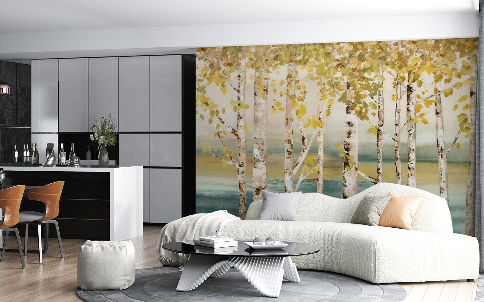 Fototapet iaz pădure de mesteacăn în toamnă