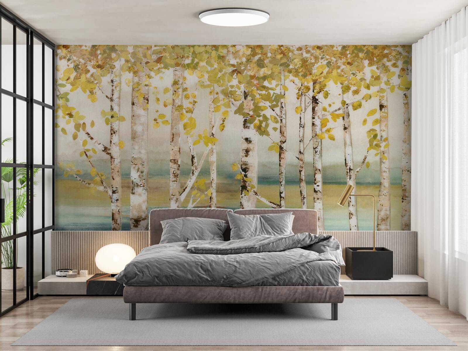 Fototapet iaz pădure de mesteacăn în toamnă