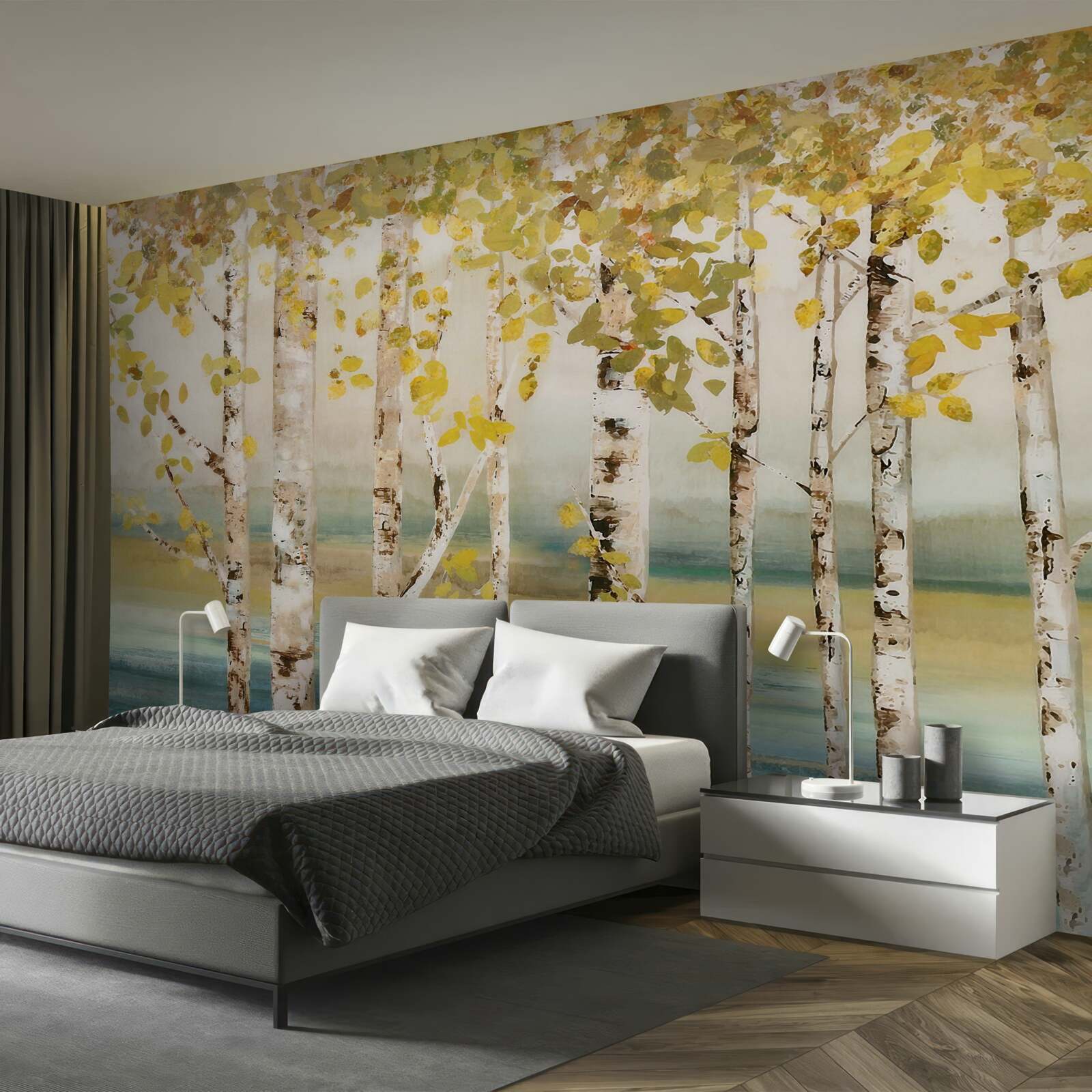 Fototapet iaz pădure de mesteacăn în toamnă