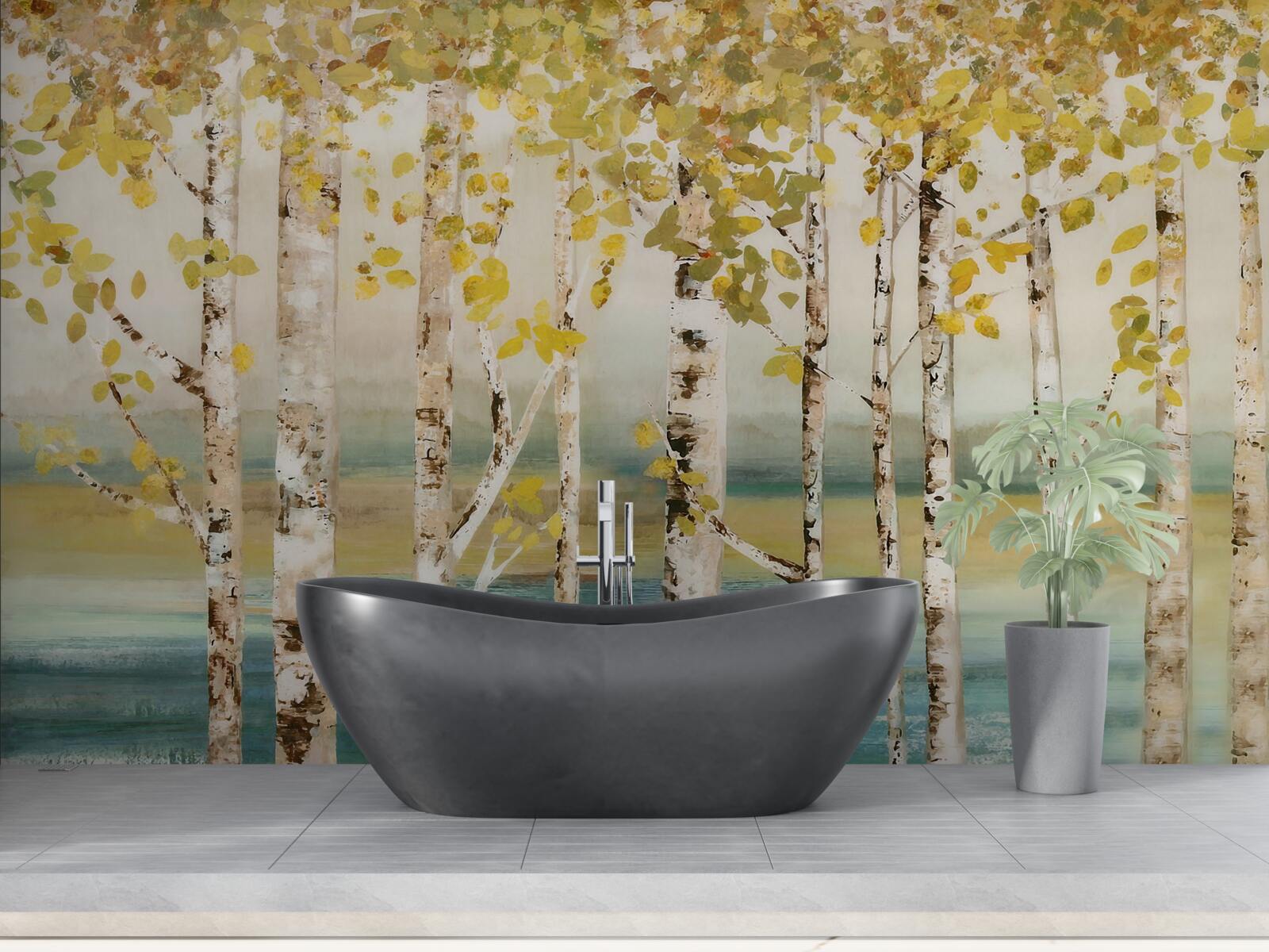 Fototapet iaz pădure de mesteacăn în toamnă