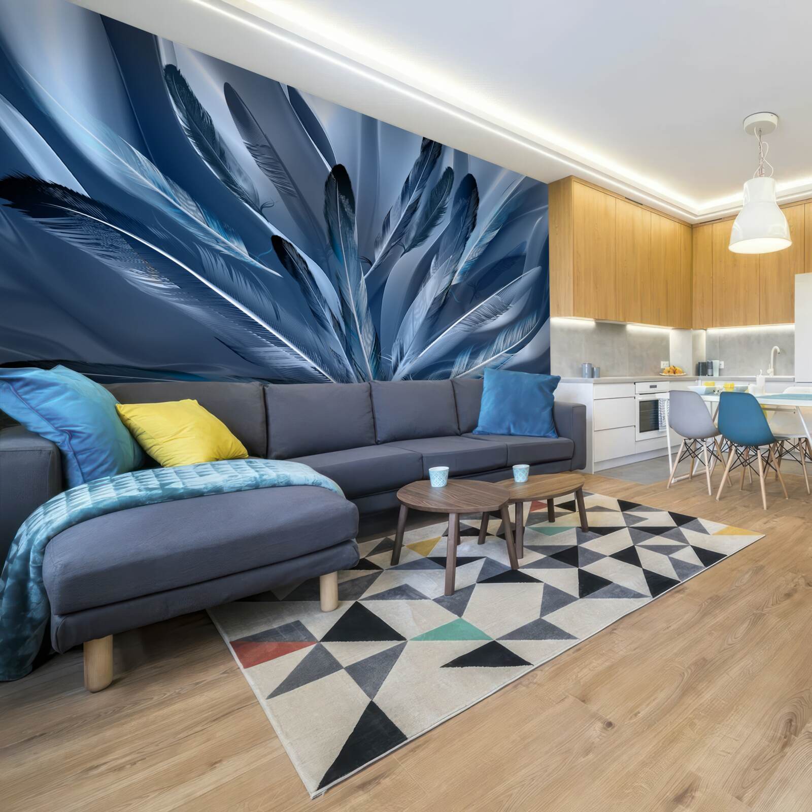 Fototapet fundal punctat cu pene albastre