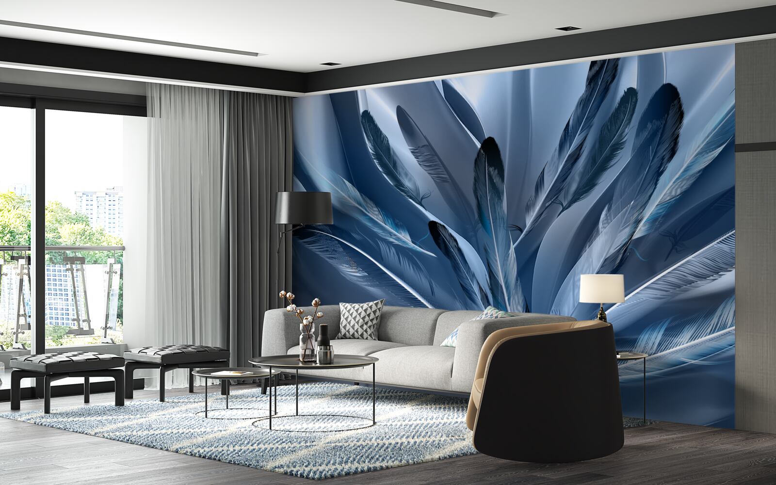 Fototapet fundal punctat cu pene albastre