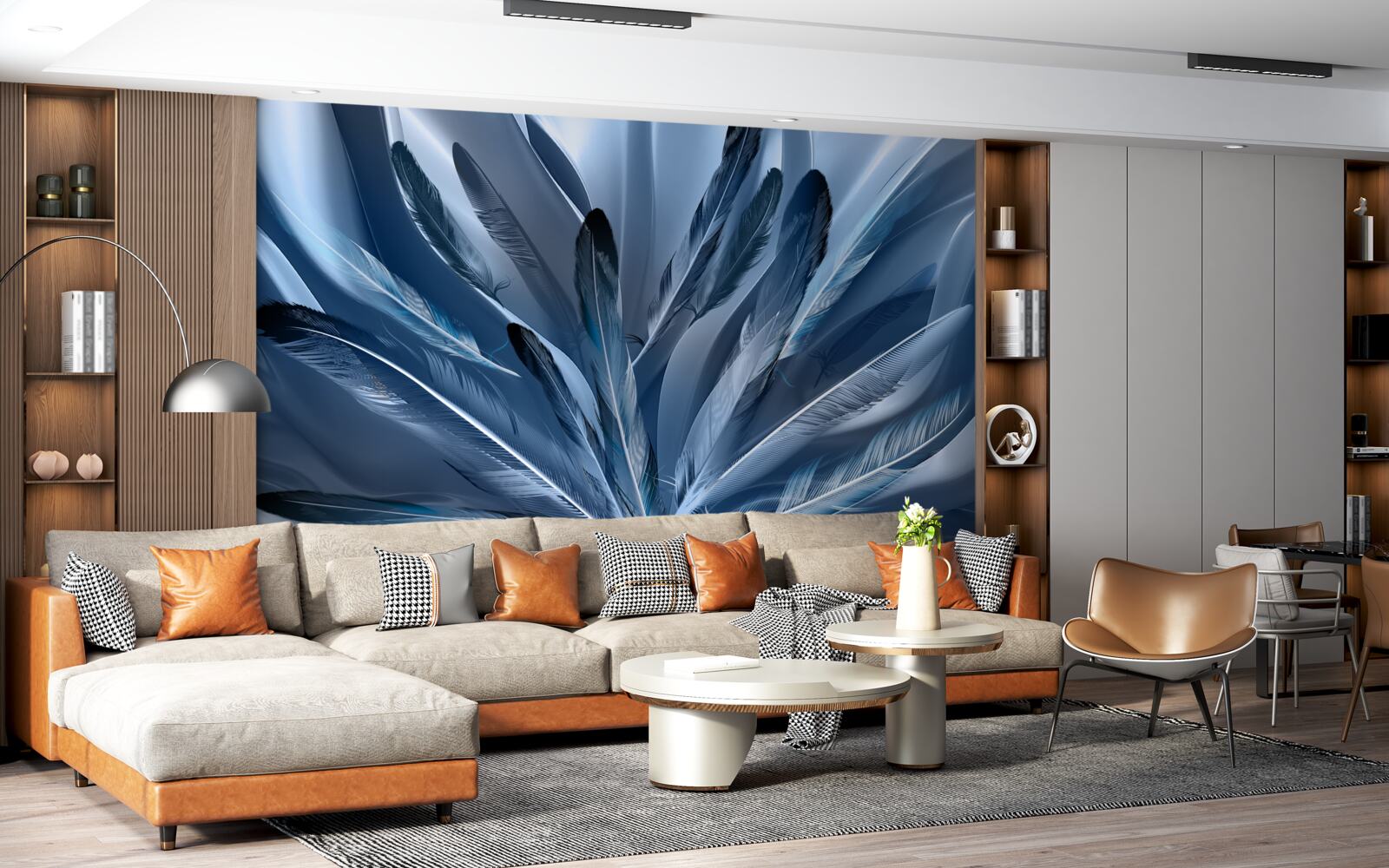 Fototapet fundal punctat cu pene albastre