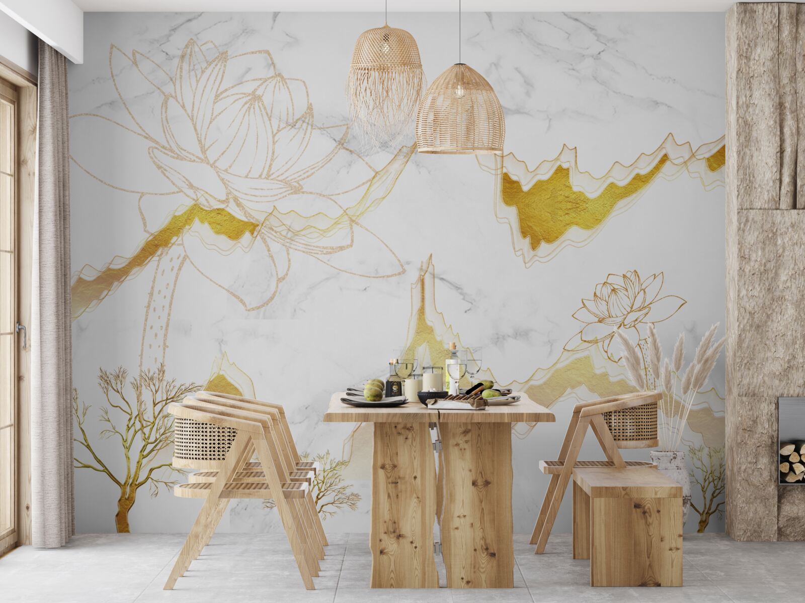 Fototapet contururi de plante și copaci pe un fundal cărămiziu