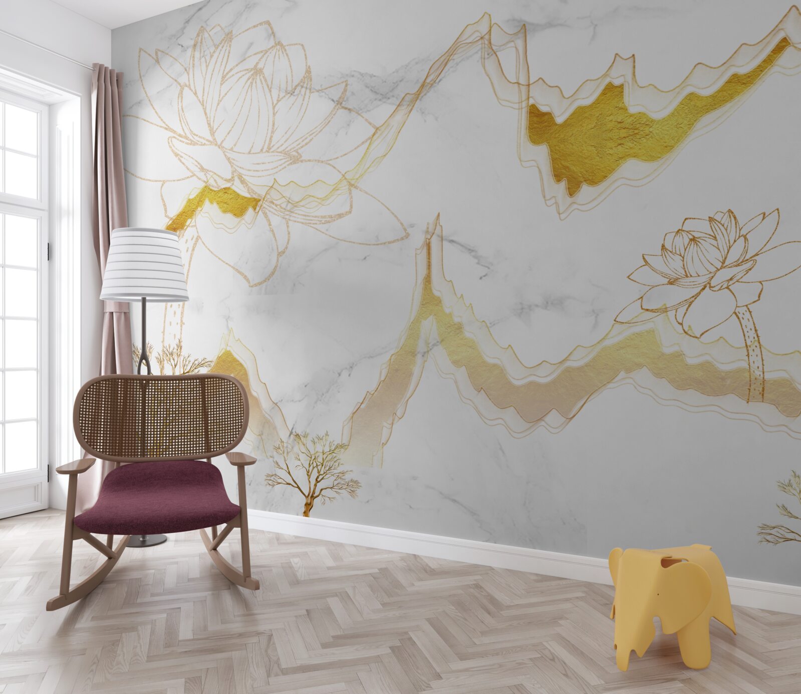 Fototapet contururi de plante și copaci pe un fundal cărămiziu