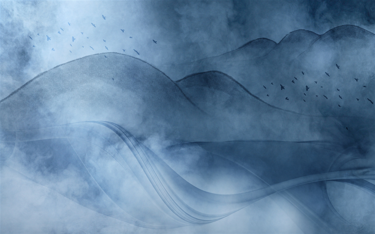 Fototapet munți învăluiți în ceață, în spatele unui văl de mare