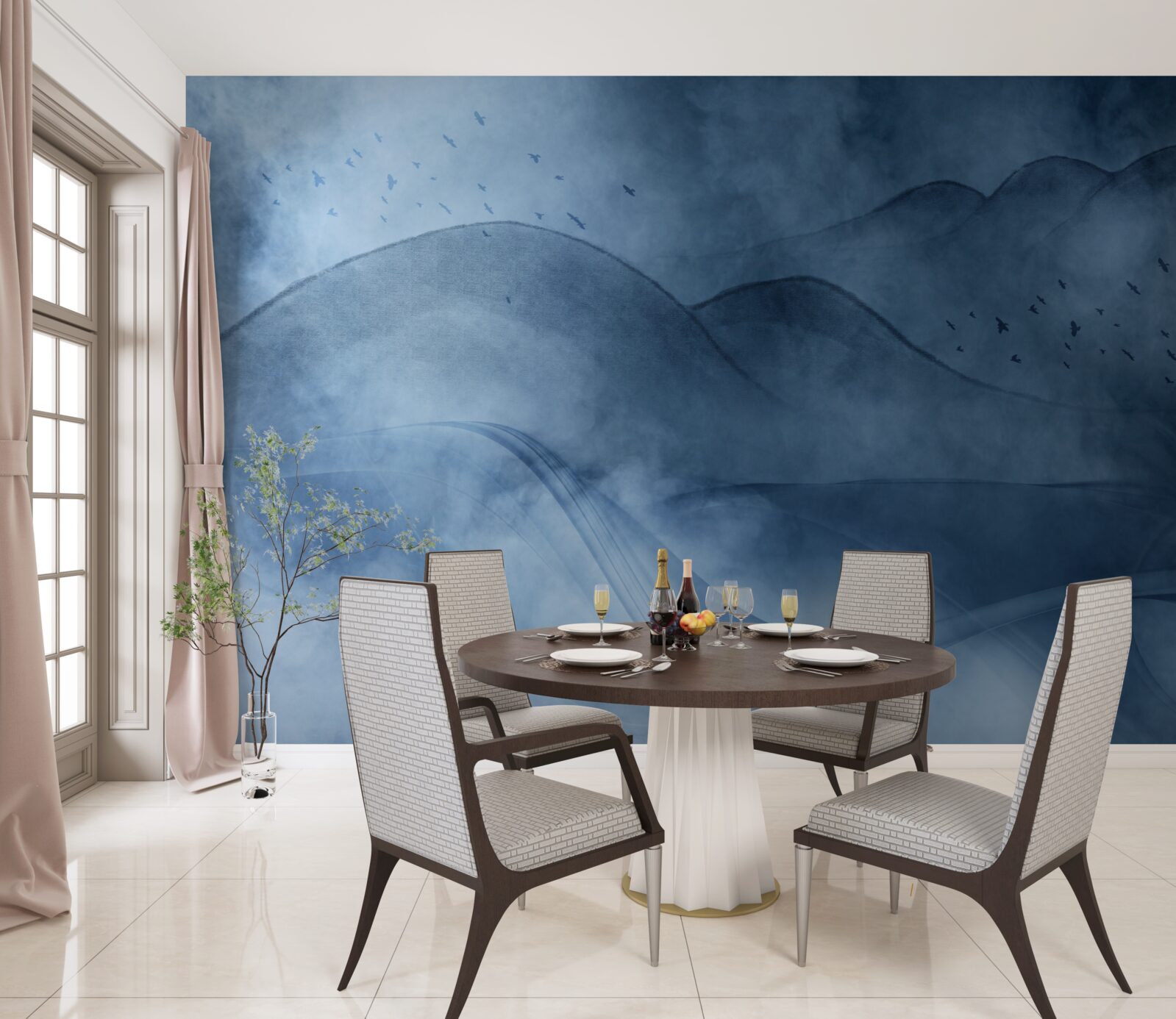 Fototapet munți învăluiți în ceață, în spatele unui văl de mare