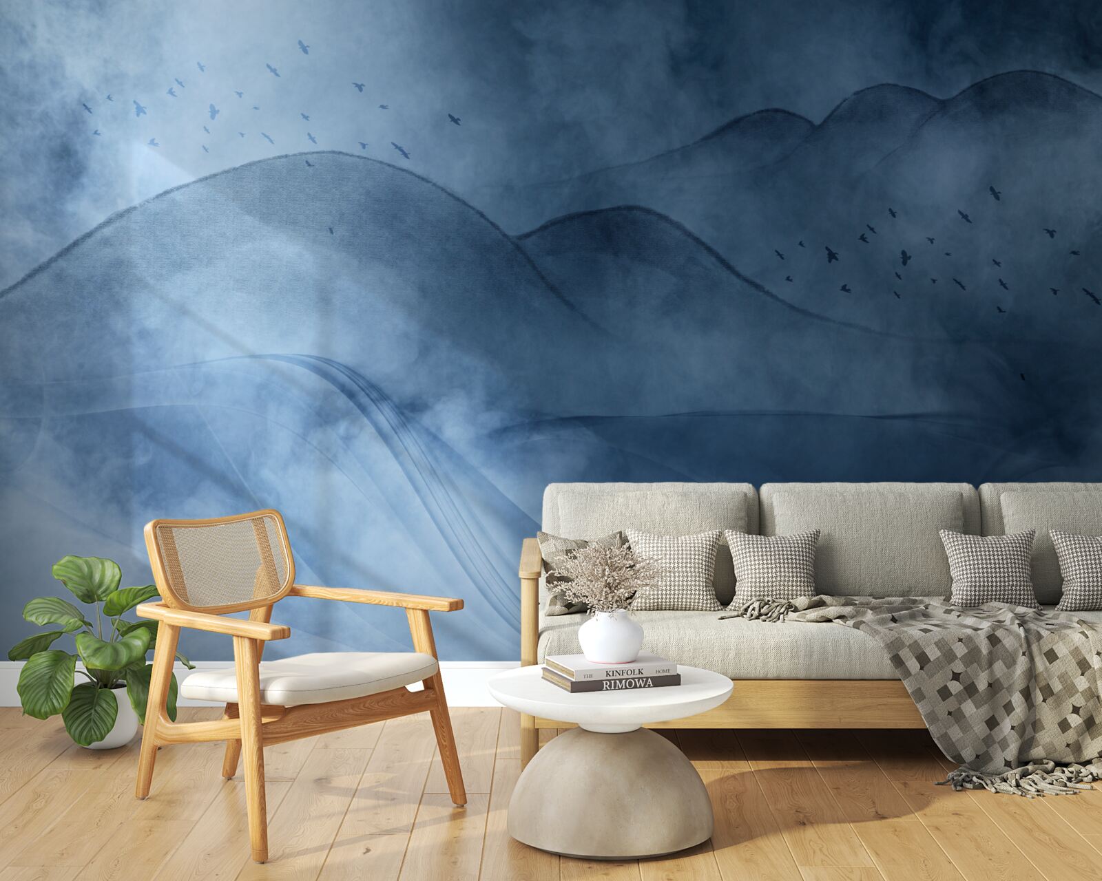 Fototapet munți învăluiți în ceață, în spatele unui văl de mare