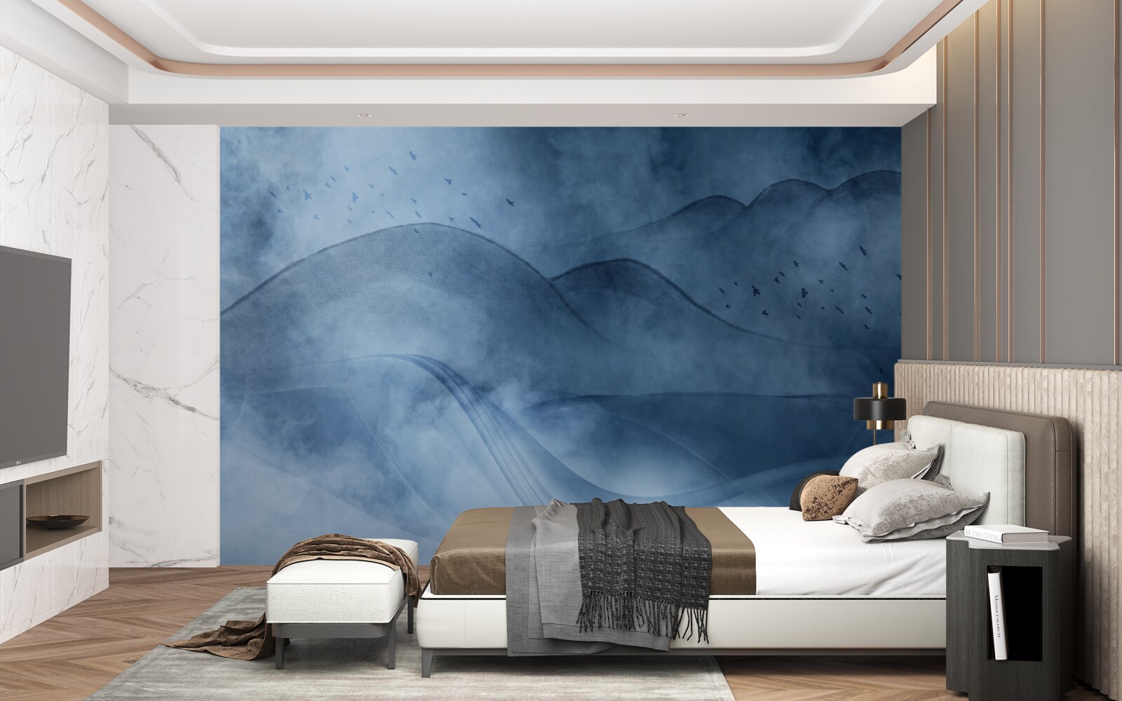 Fototapet munți învăluiți în ceață, în spatele unui văl de mare