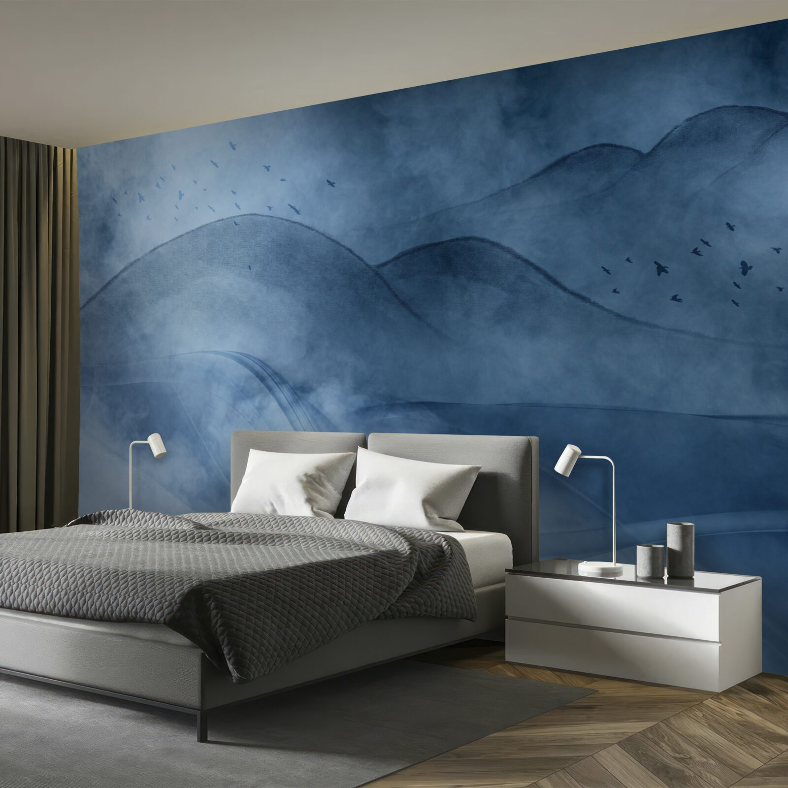 Fototapet munți învăluiți în ceață, în spatele unui văl de mare