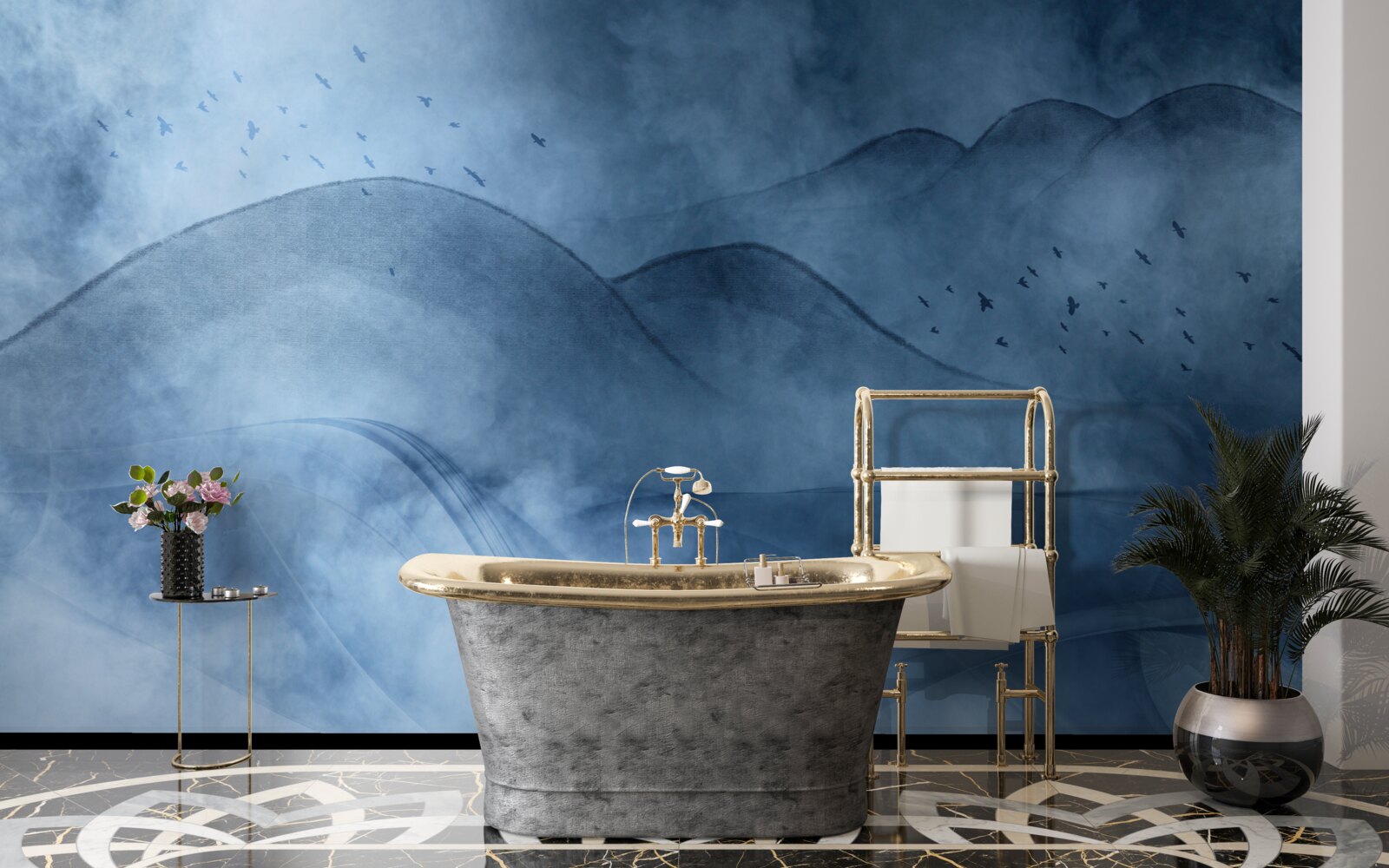 Fototapet munți învăluiți în ceață, în spatele unui văl de mare