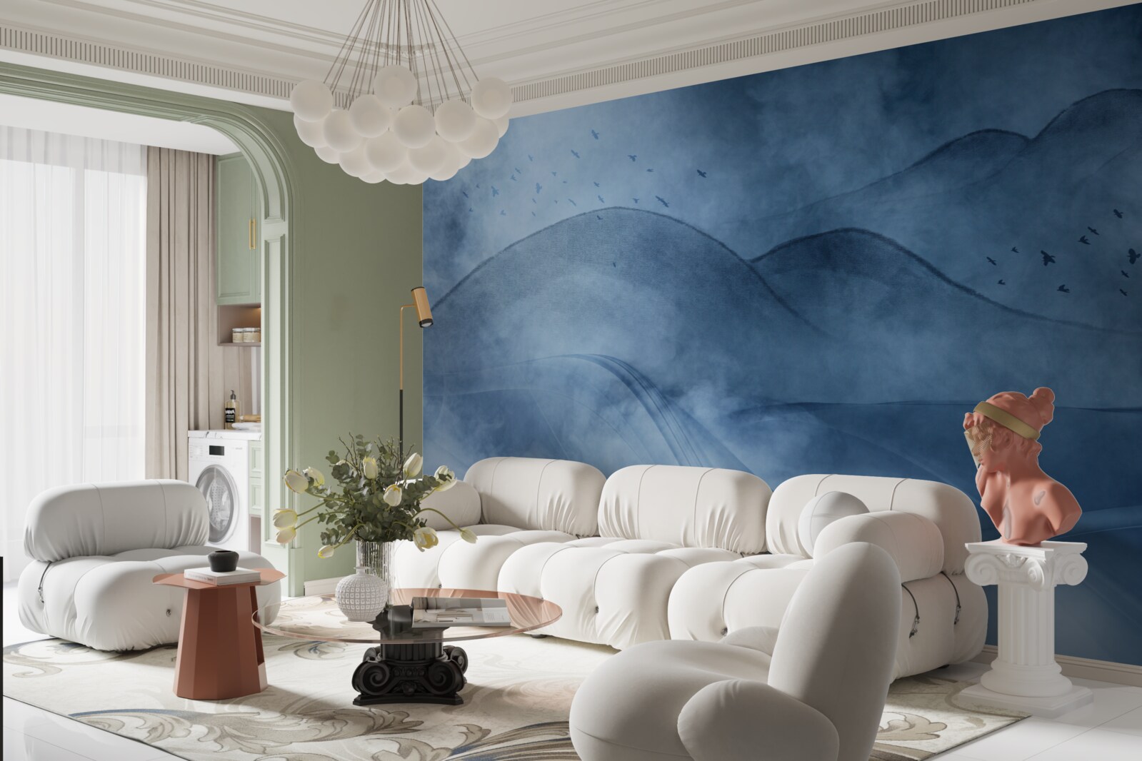 Fototapet munți învăluiți în ceață, în spatele unui văl de mare