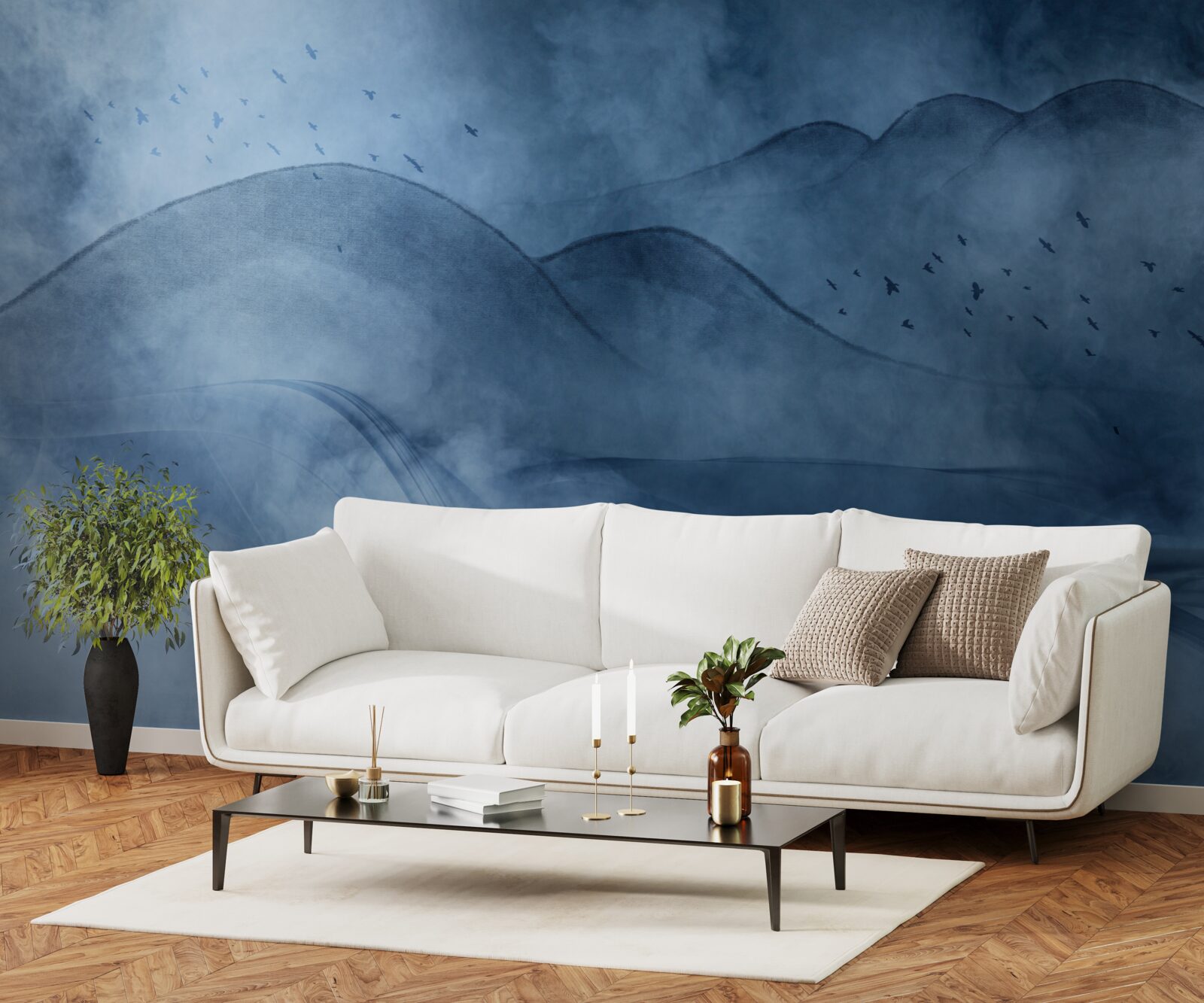 Fototapet munți învăluiți în ceață, în spatele unui văl de mare