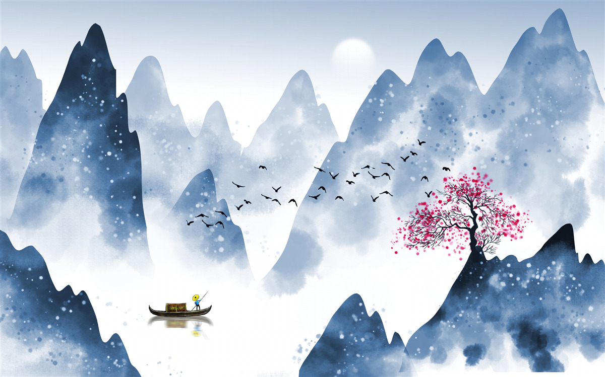 Fototapet un pescar se întoarce pe un lac de munte