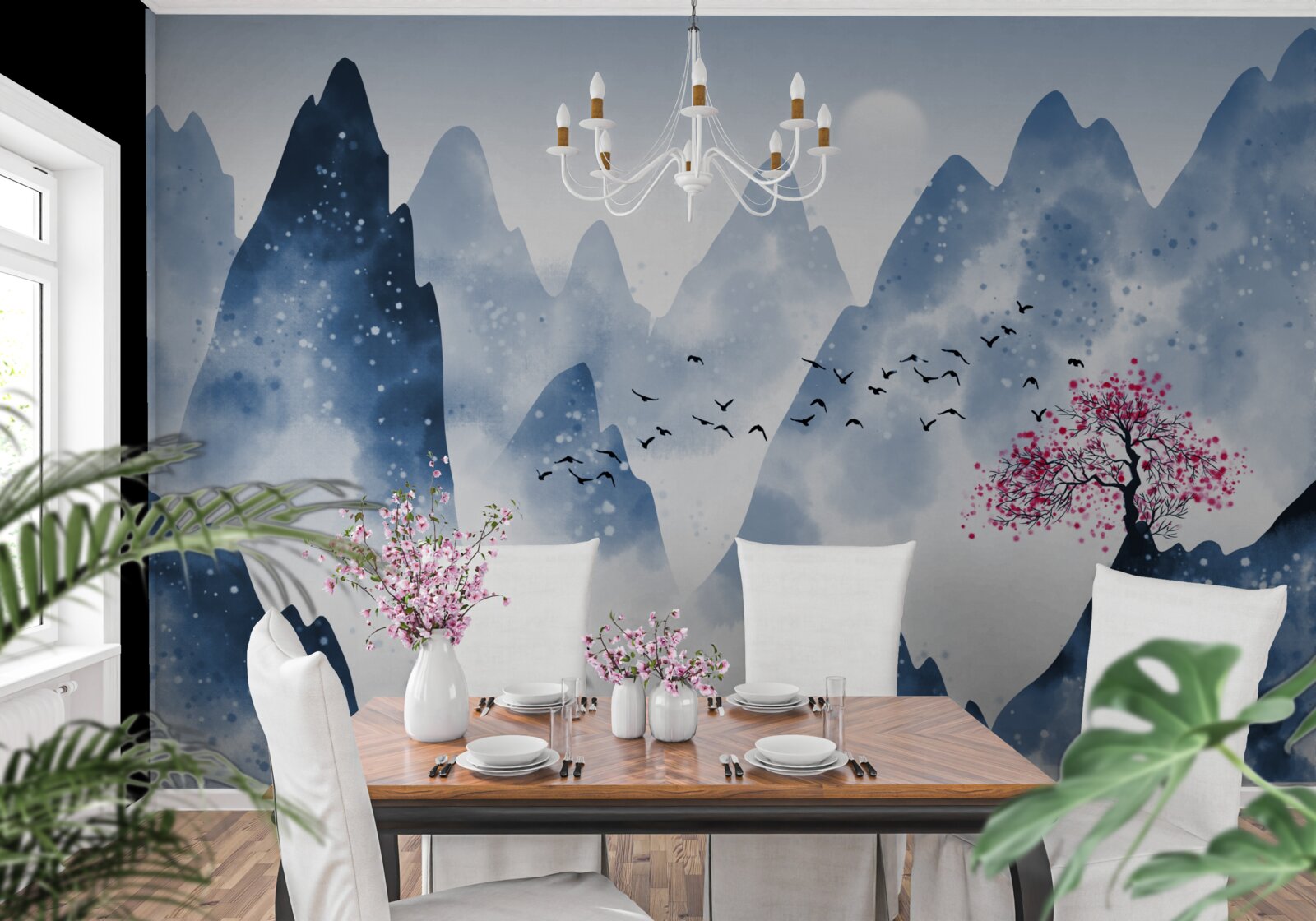 Fototapet un pescar se întoarce pe un lac de munte