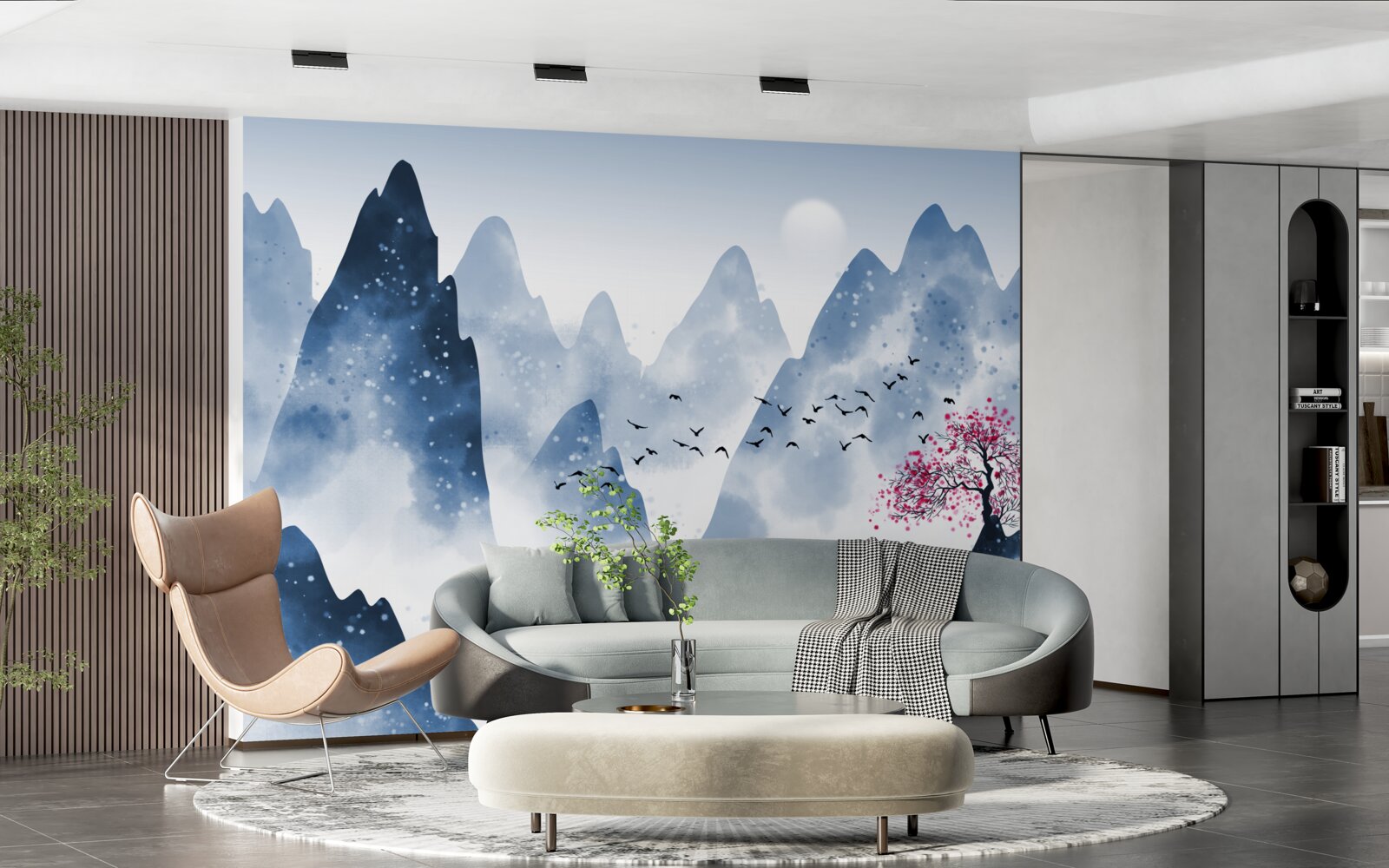 Fototapet un pescar se întoarce pe un lac de munte