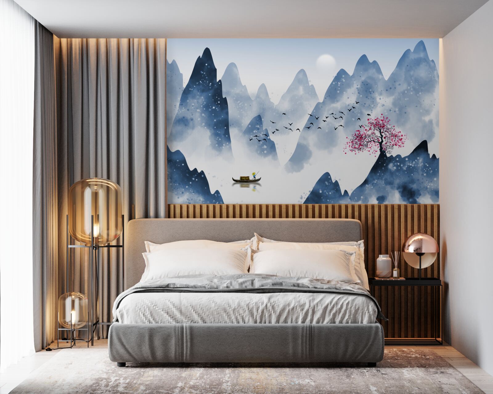 Fototapet un pescar se întoarce pe un lac de munte