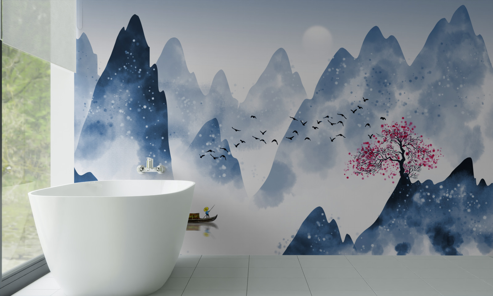 Fototapet un pescar se întoarce pe un lac de munte