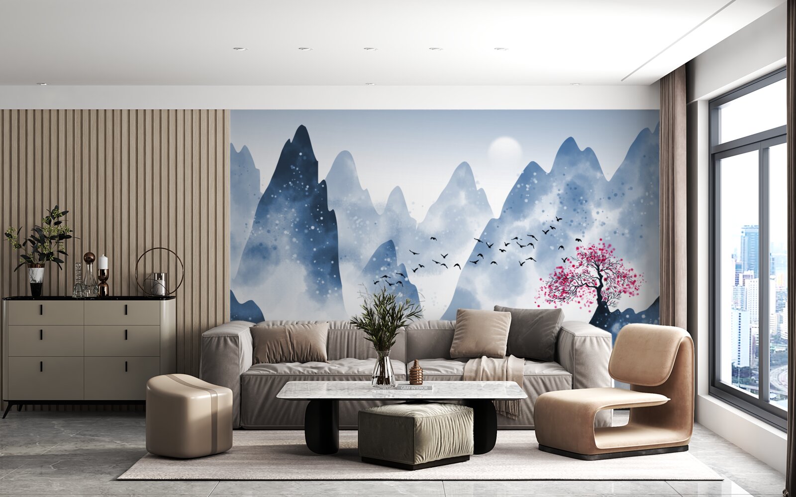 Fototapet un pescar se întoarce pe un lac de munte