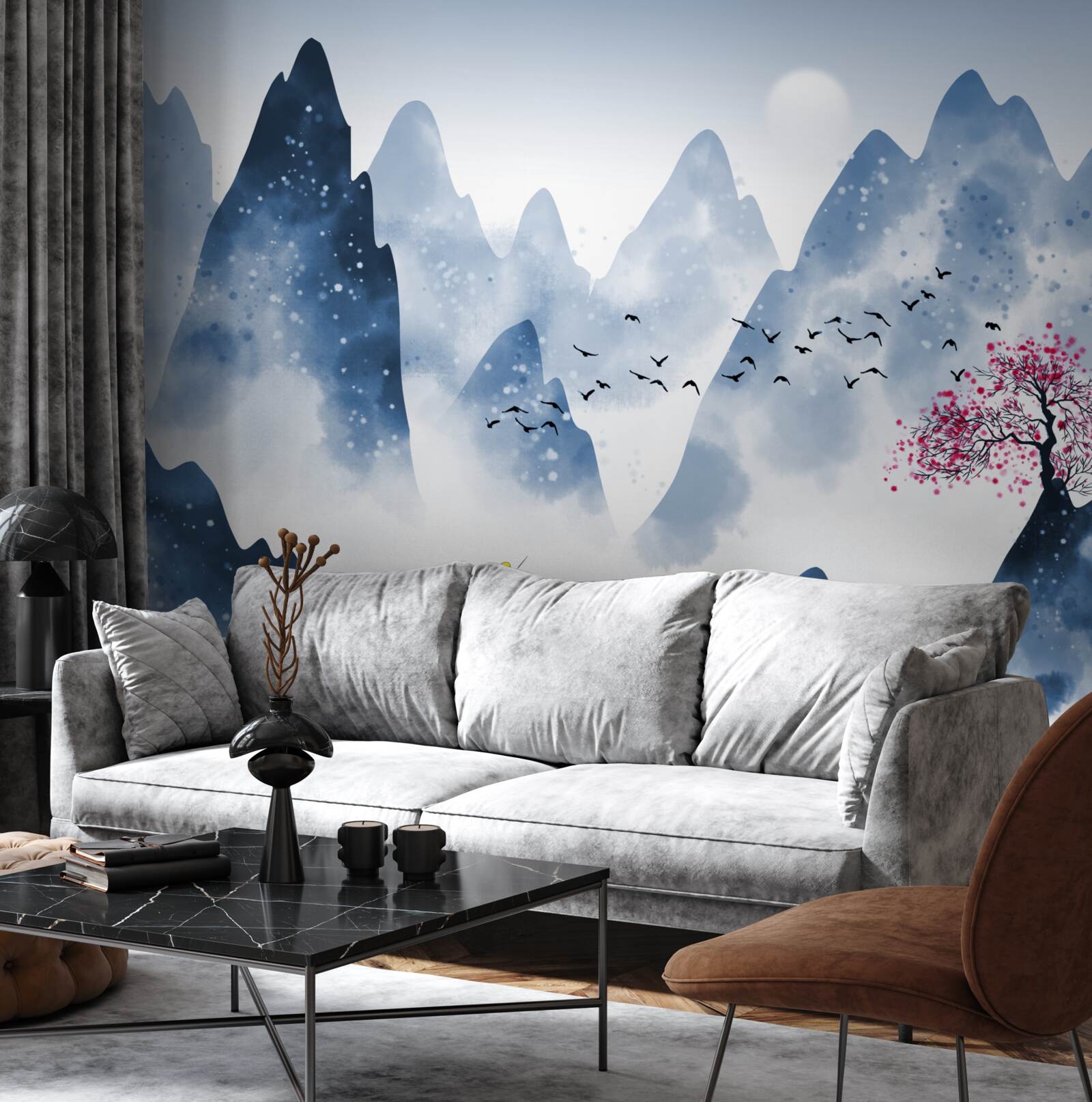 Fototapet un pescar se întoarce pe un lac de munte