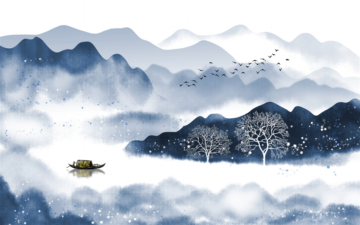 Fototapet un pescar înoată încet de-a lungul unui rezervor montan liniștit