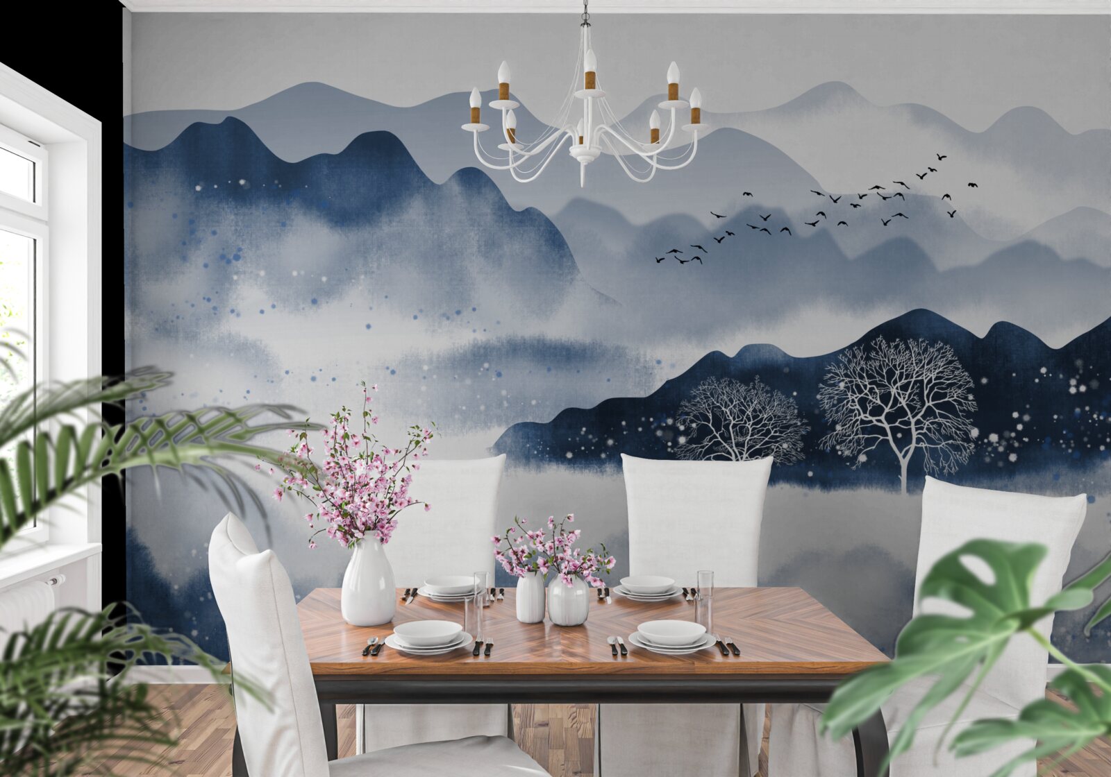 Fototapet un pescar înoată încet de-a lungul unui rezervor montan liniștit