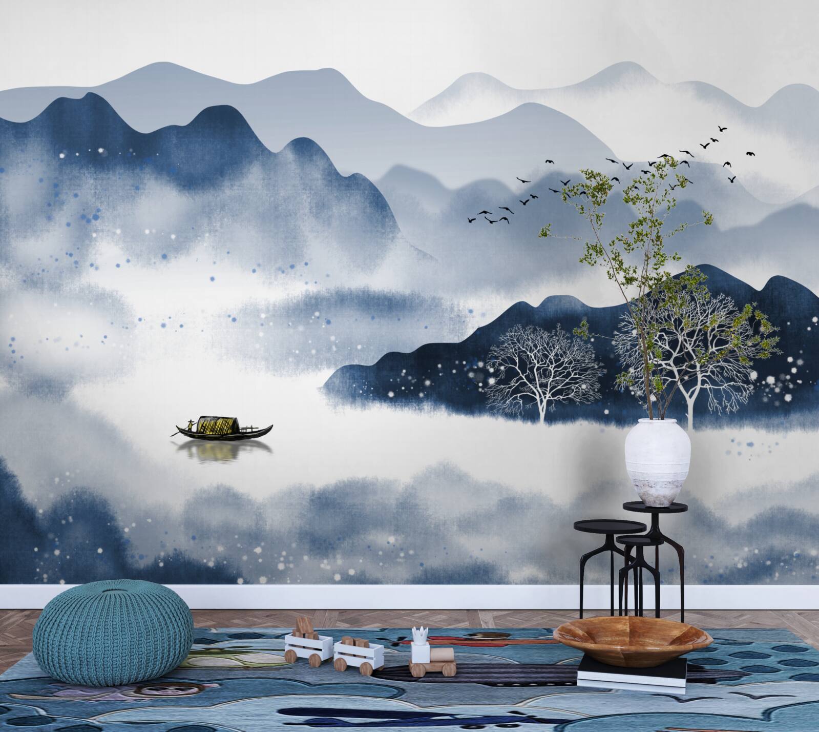 Fototapet un pescar înoată încet de-a lungul unui rezervor montan liniștit