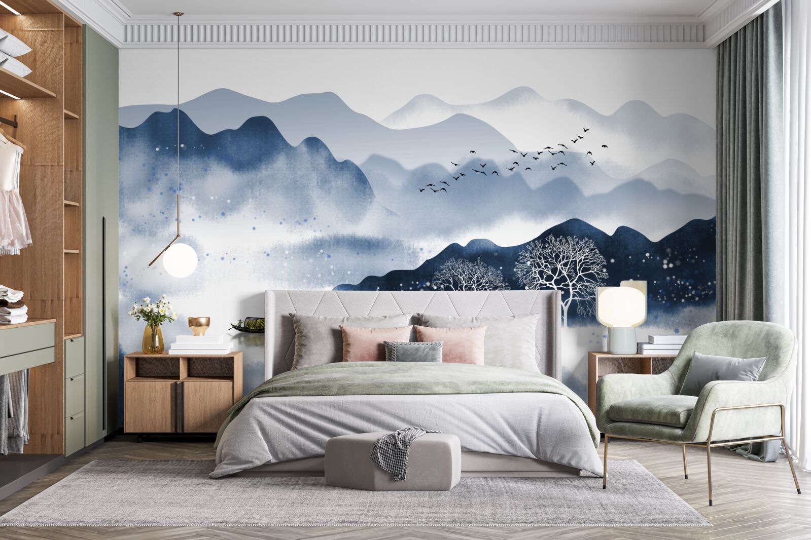 Fototapet un pescar înoată încet de-a lungul unui rezervor montan liniștit