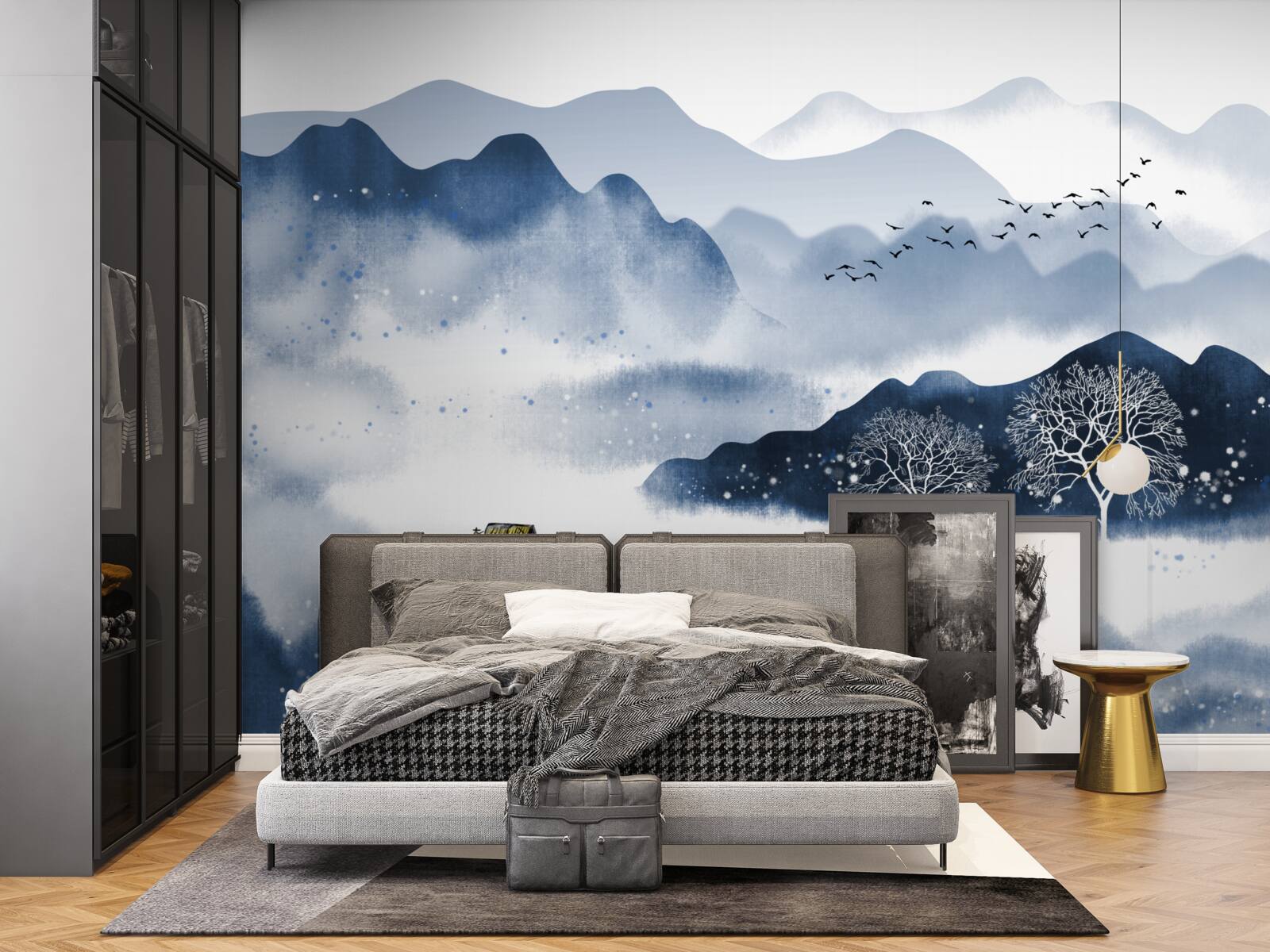 Fototapet un pescar înoată încet de-a lungul unui rezervor montan liniștit