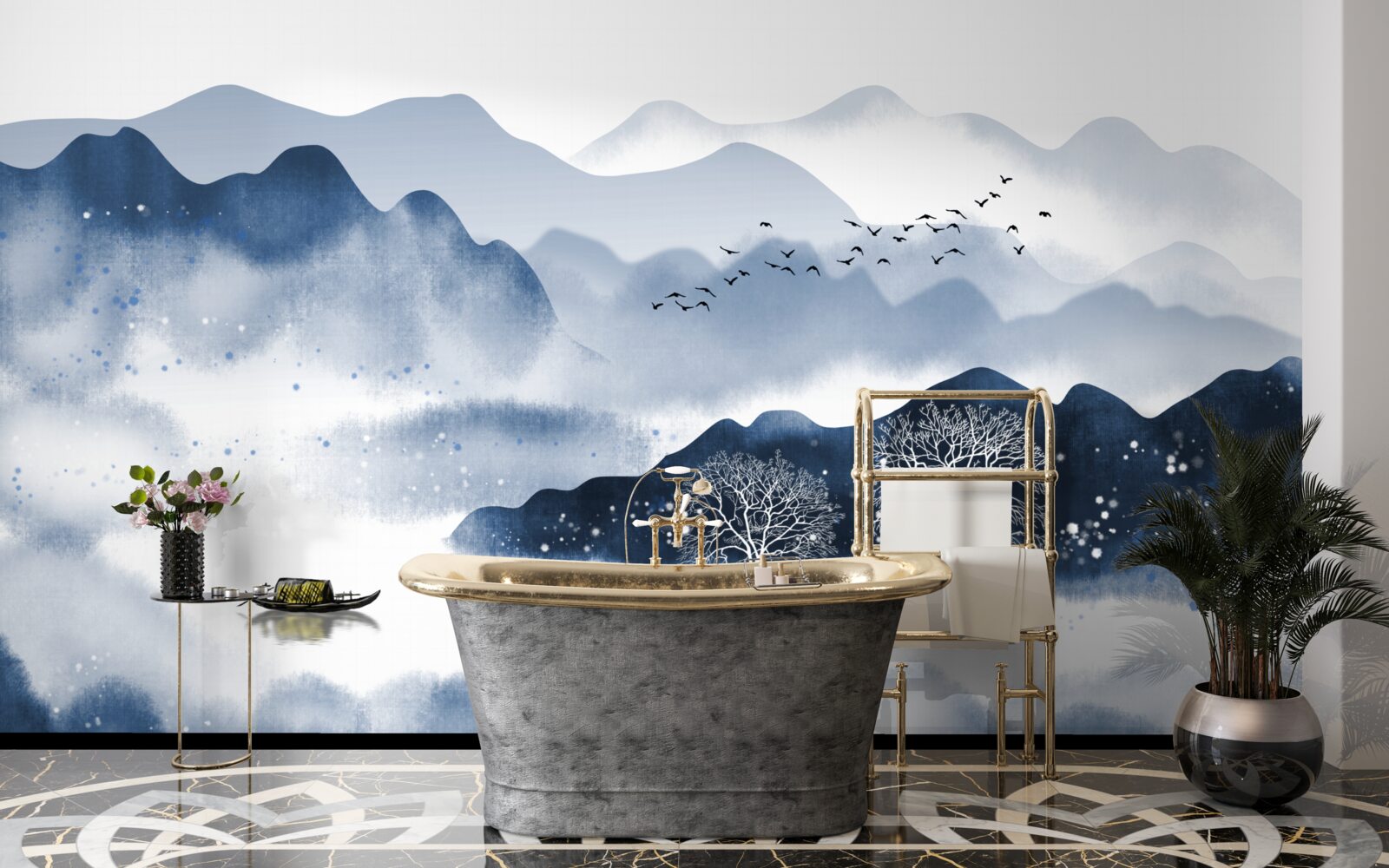 Fototapet un pescar înoată încet de-a lungul unui rezervor montan liniștit