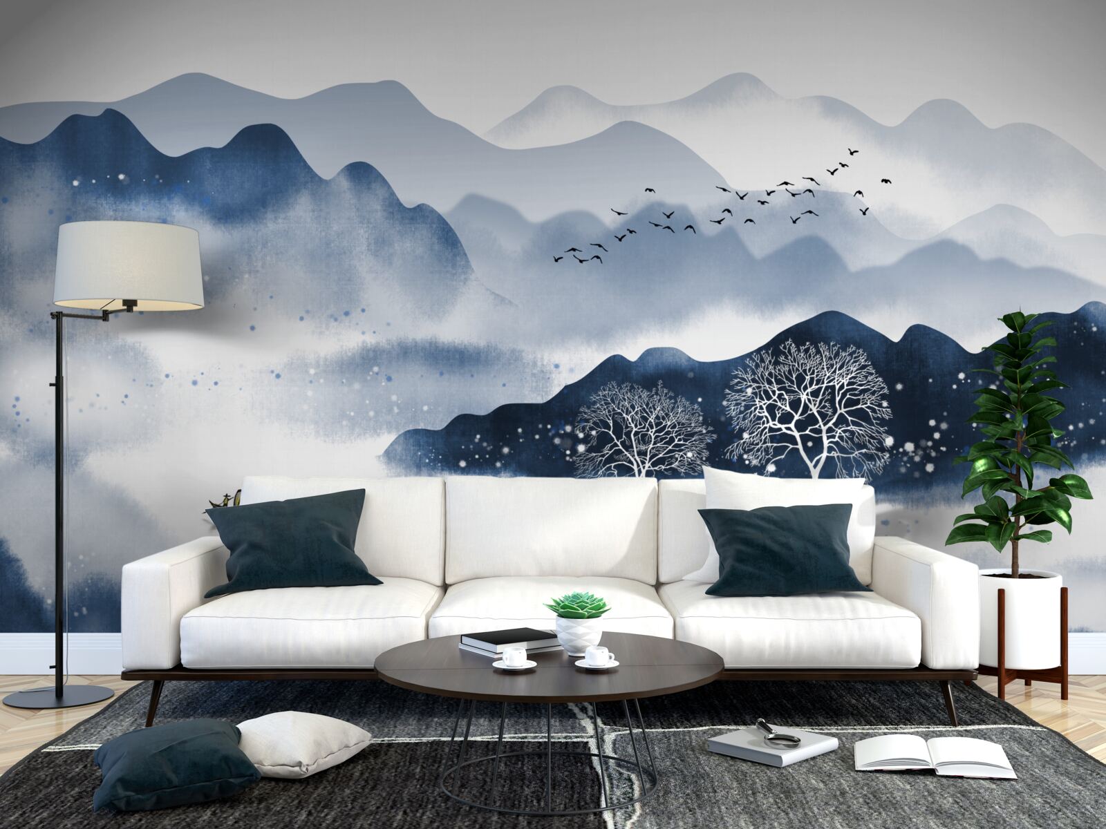 Fototapet un pescar înoată încet de-a lungul unui rezervor montan liniștit