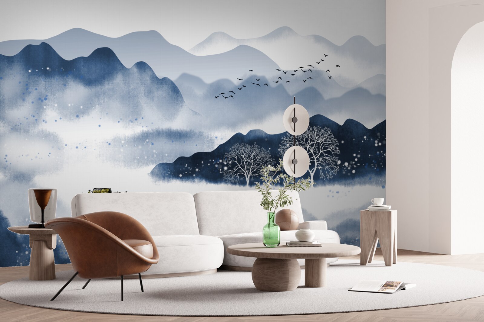 Fototapet un pescar înoată încet de-a lungul unui rezervor montan liniștit