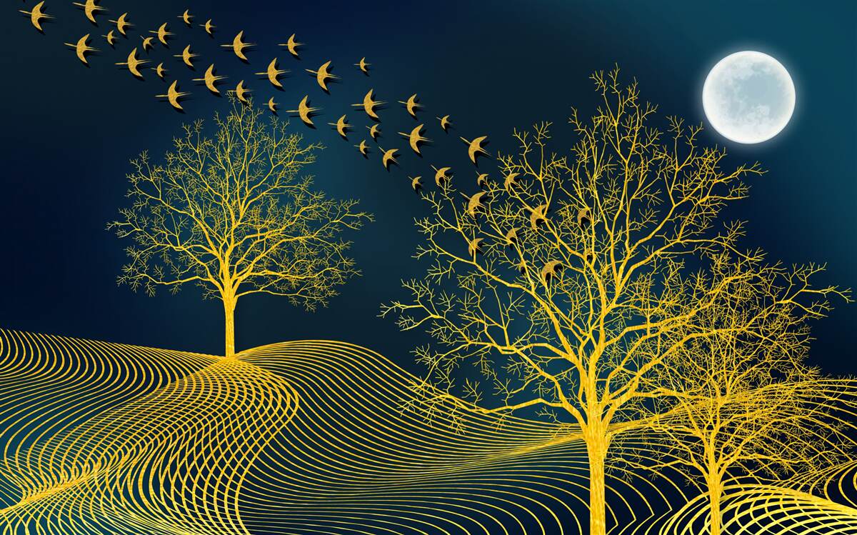 Fototapet cerul nopții este umplut cu o pădure aurie