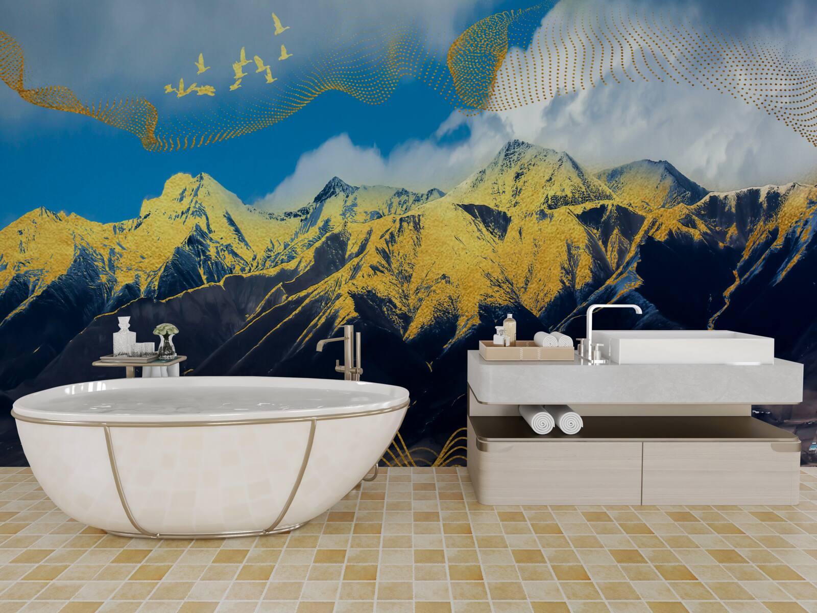 Fototapet vârfurile aurii ale lanțurilor muntoase