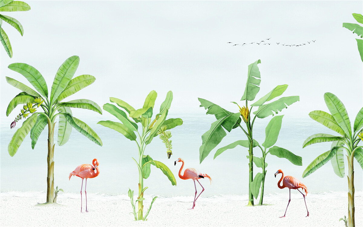 Fototapet flamingo roz pe o coastă de palmieri