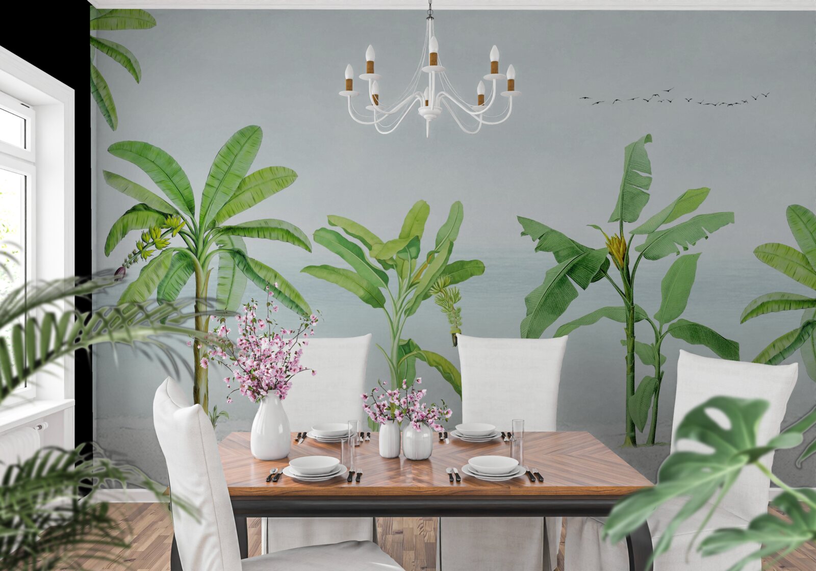 Fototapet flamingo roz pe o coastă de palmieri