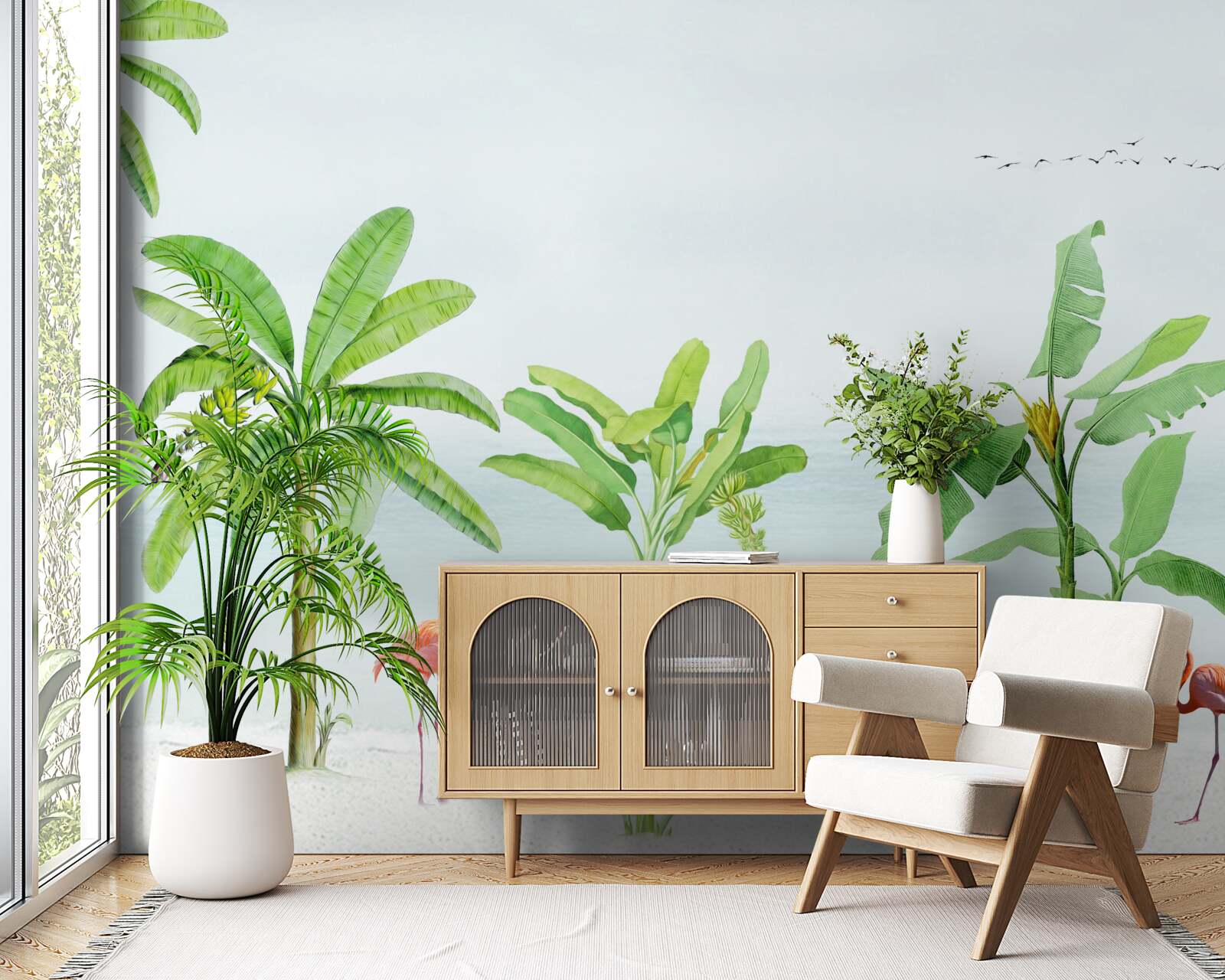 Fototapet flamingo roz pe o coastă de palmieri