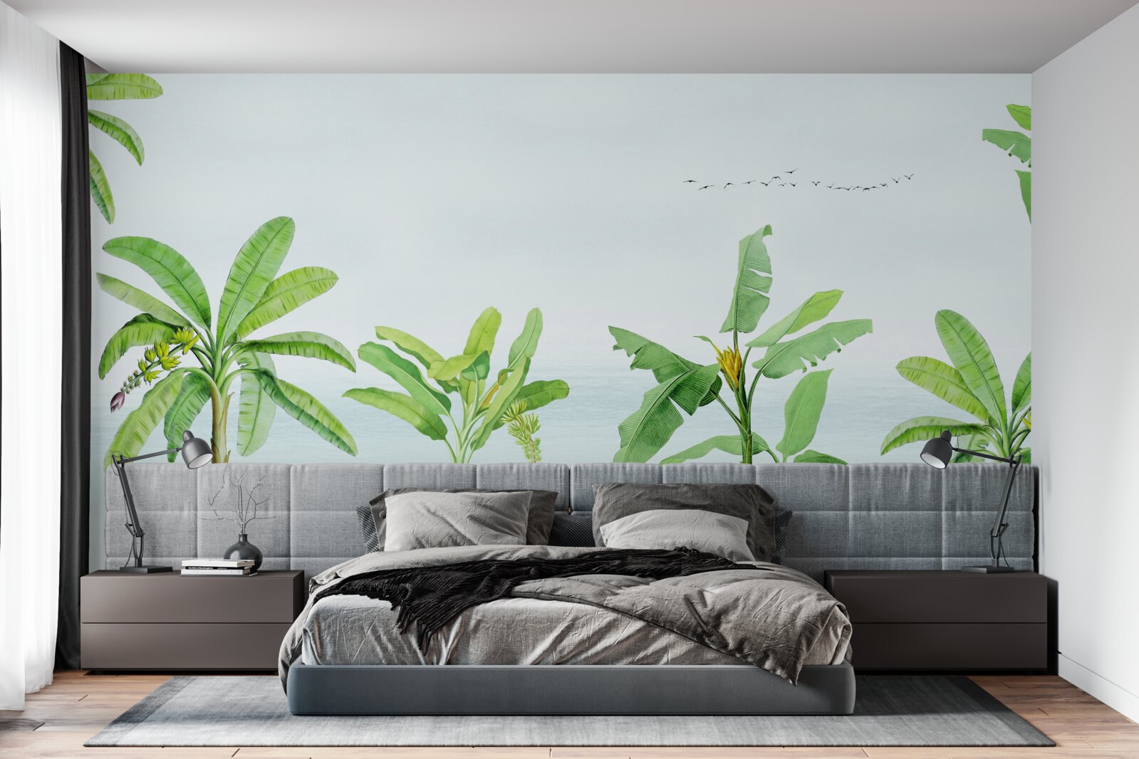 Fototapet flamingo roz pe o coastă de palmieri