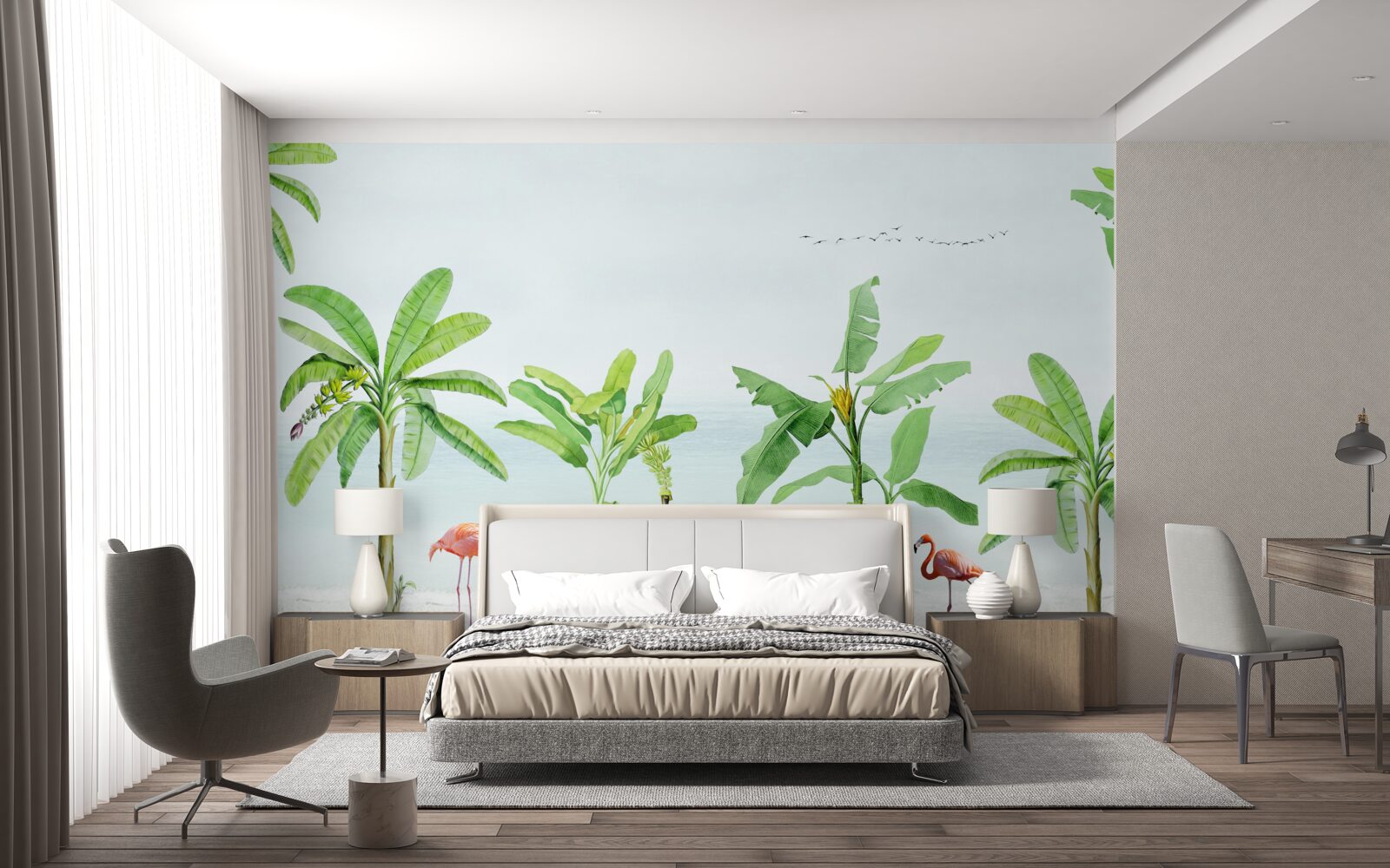 Fototapet flamingo roz pe o coastă de palmieri