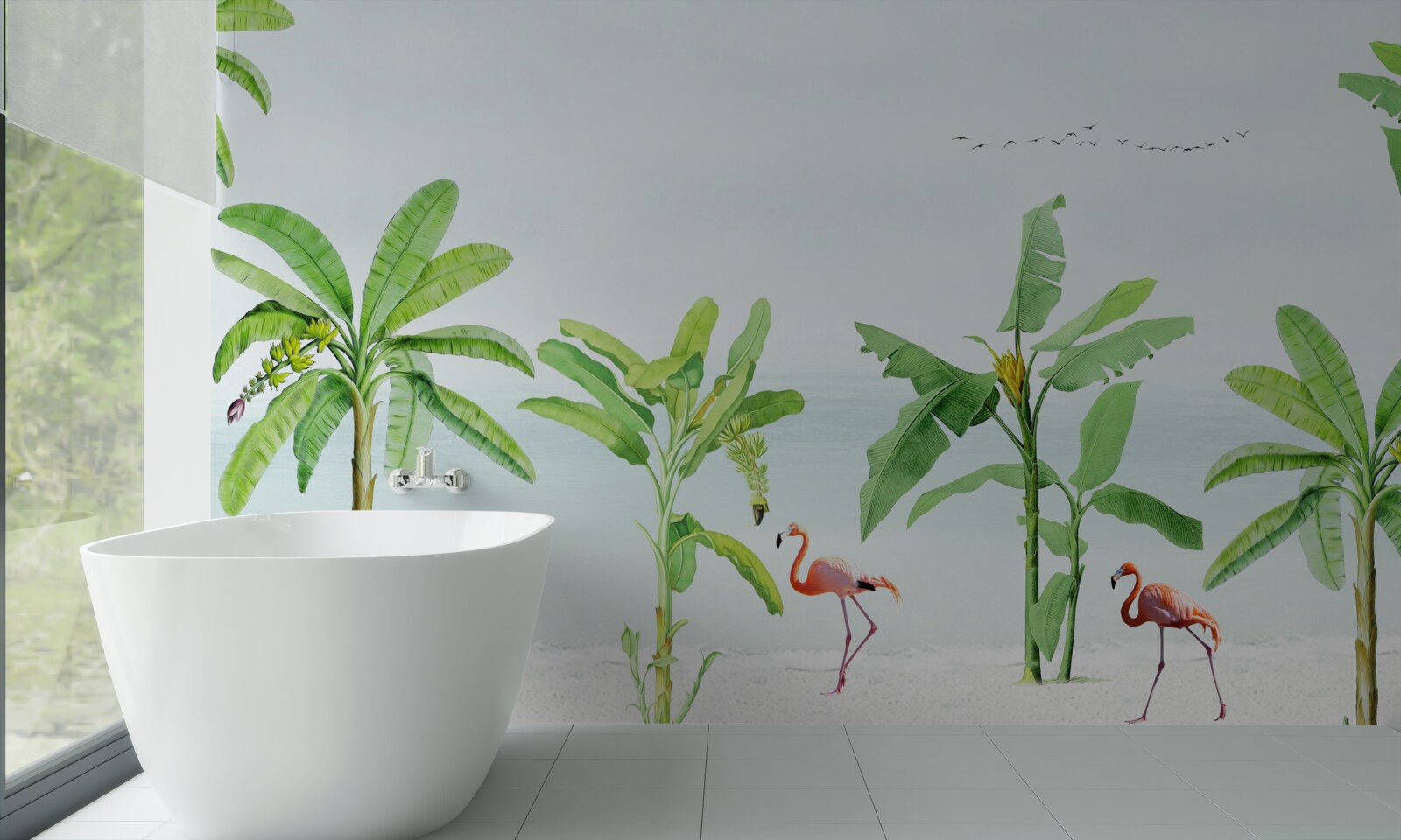 Fototapet flamingo roz pe o coastă de palmieri