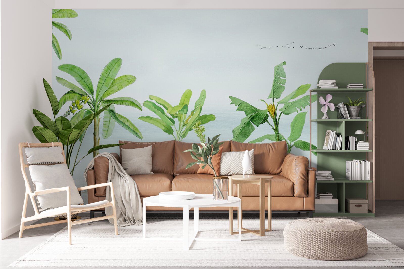 Fototapet flamingo roz pe o coastă de palmieri