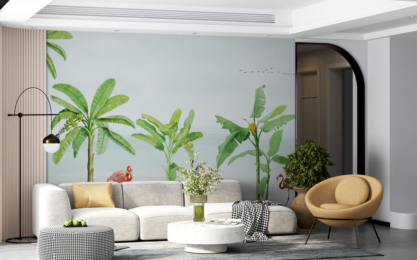 Fototapet flamingo roz pe o coastă de palmieri