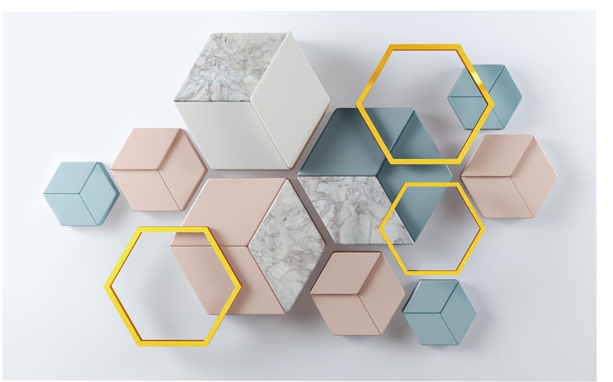 Fototapet forme pentagonale în trei dimensiuni pe un fundal gri