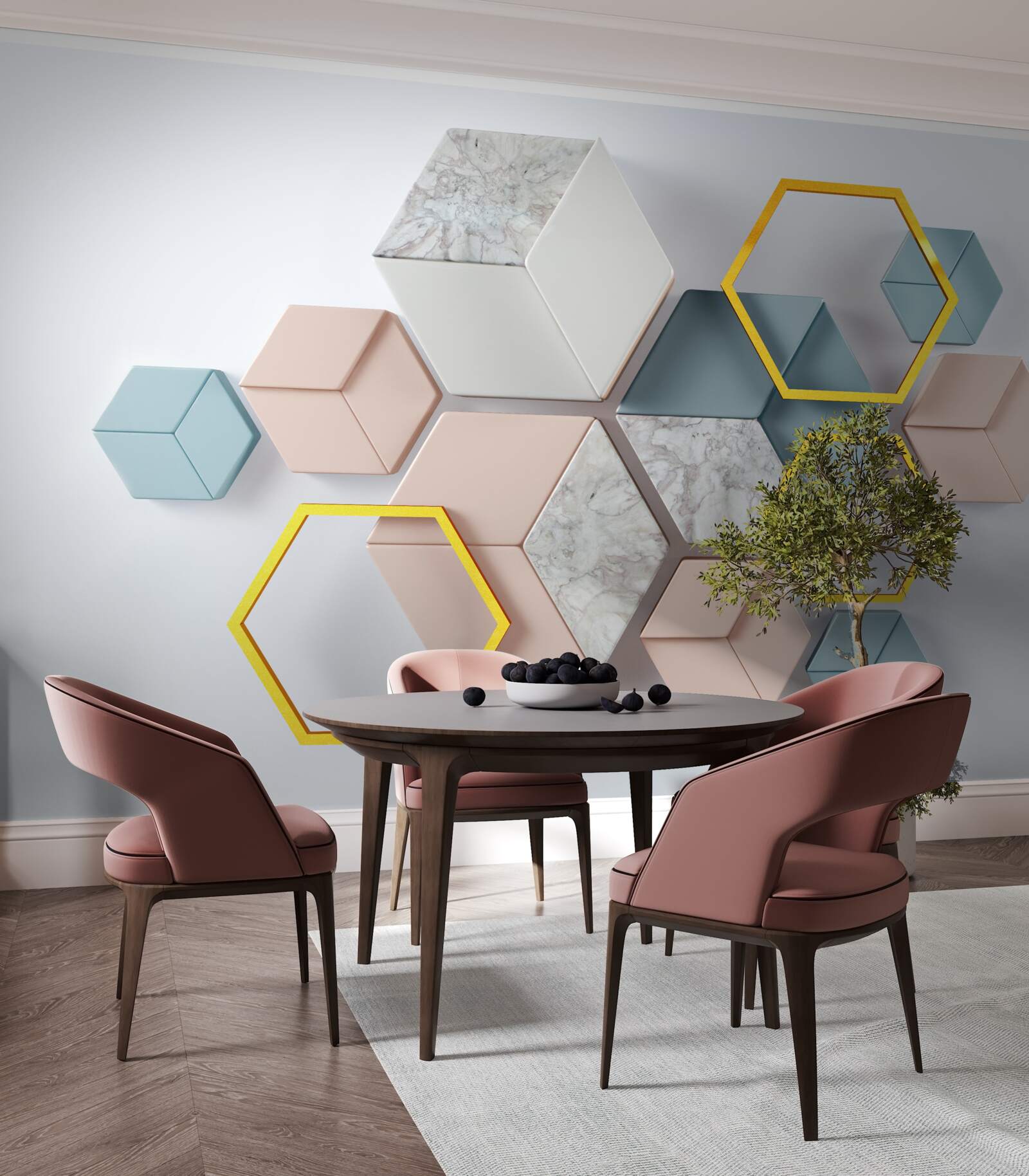 Fototapet forme pentagonale în trei dimensiuni pe un fundal gri