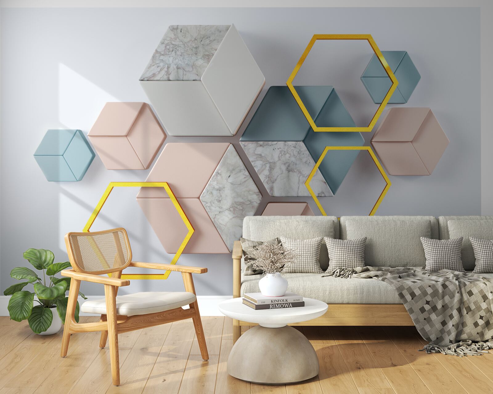 Fototapet forme pentagonale în trei dimensiuni pe un fundal gri