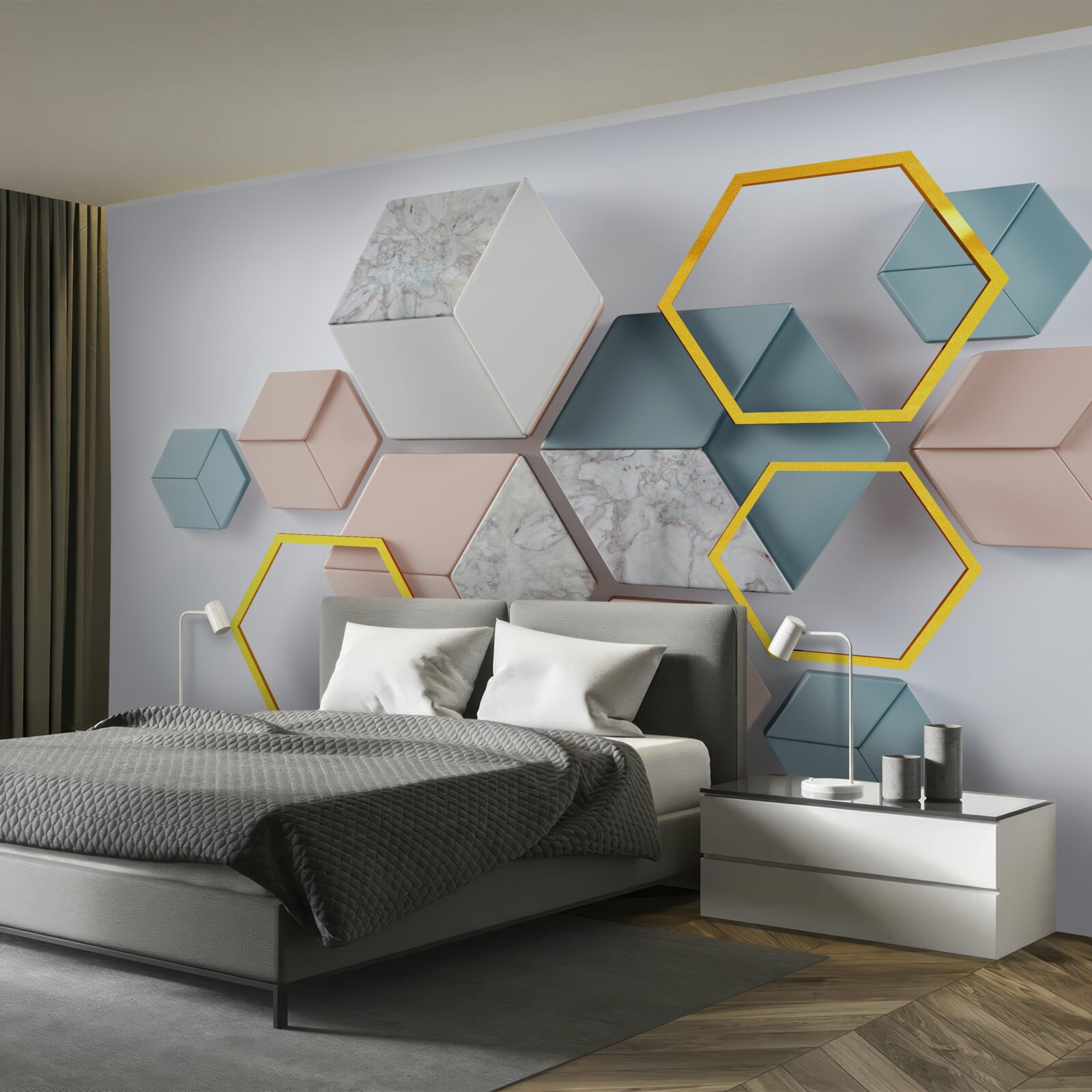 Fototapet forme pentagonale în trei dimensiuni pe un fundal gri