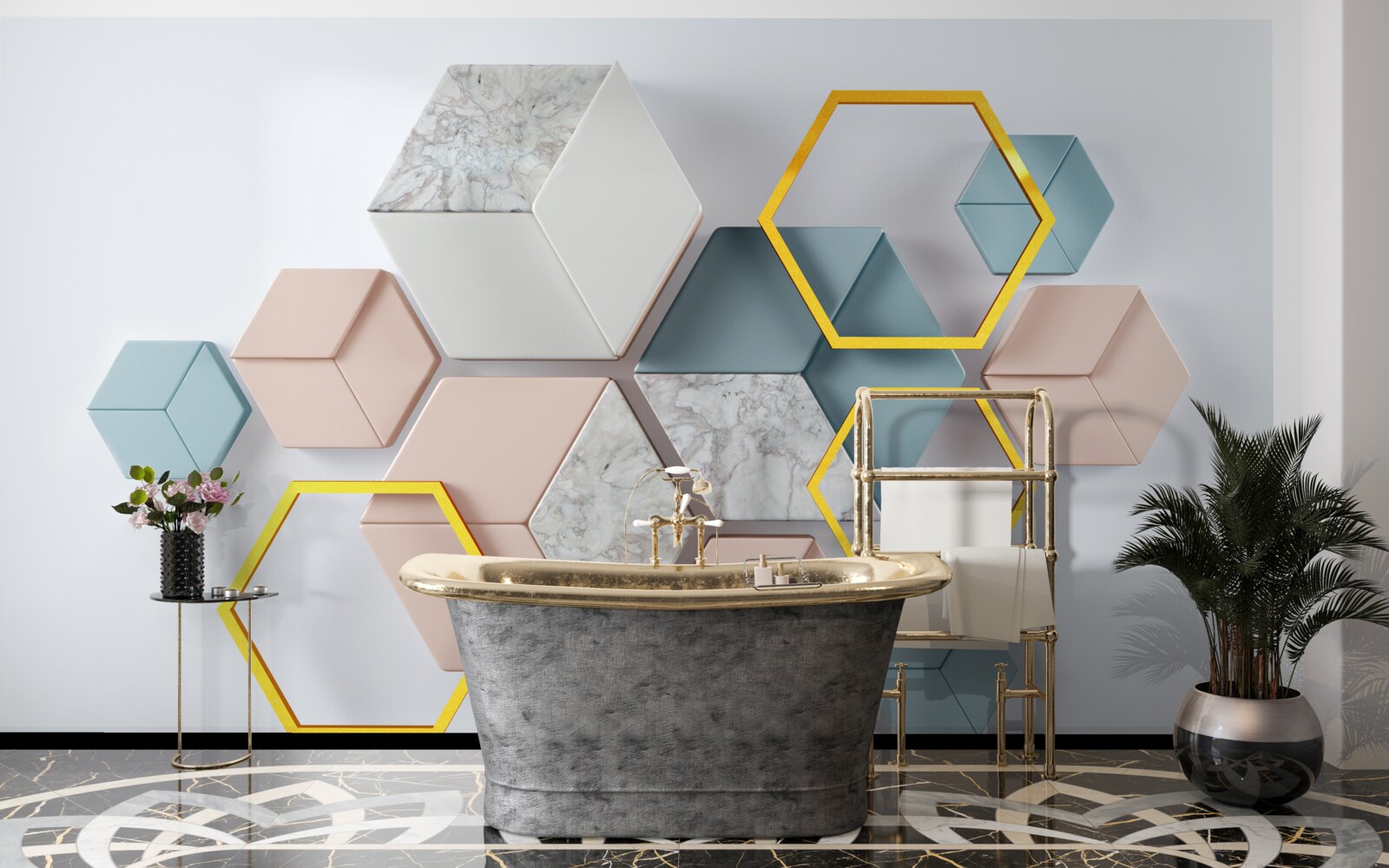 Fototapet forme pentagonale în trei dimensiuni pe un fundal gri