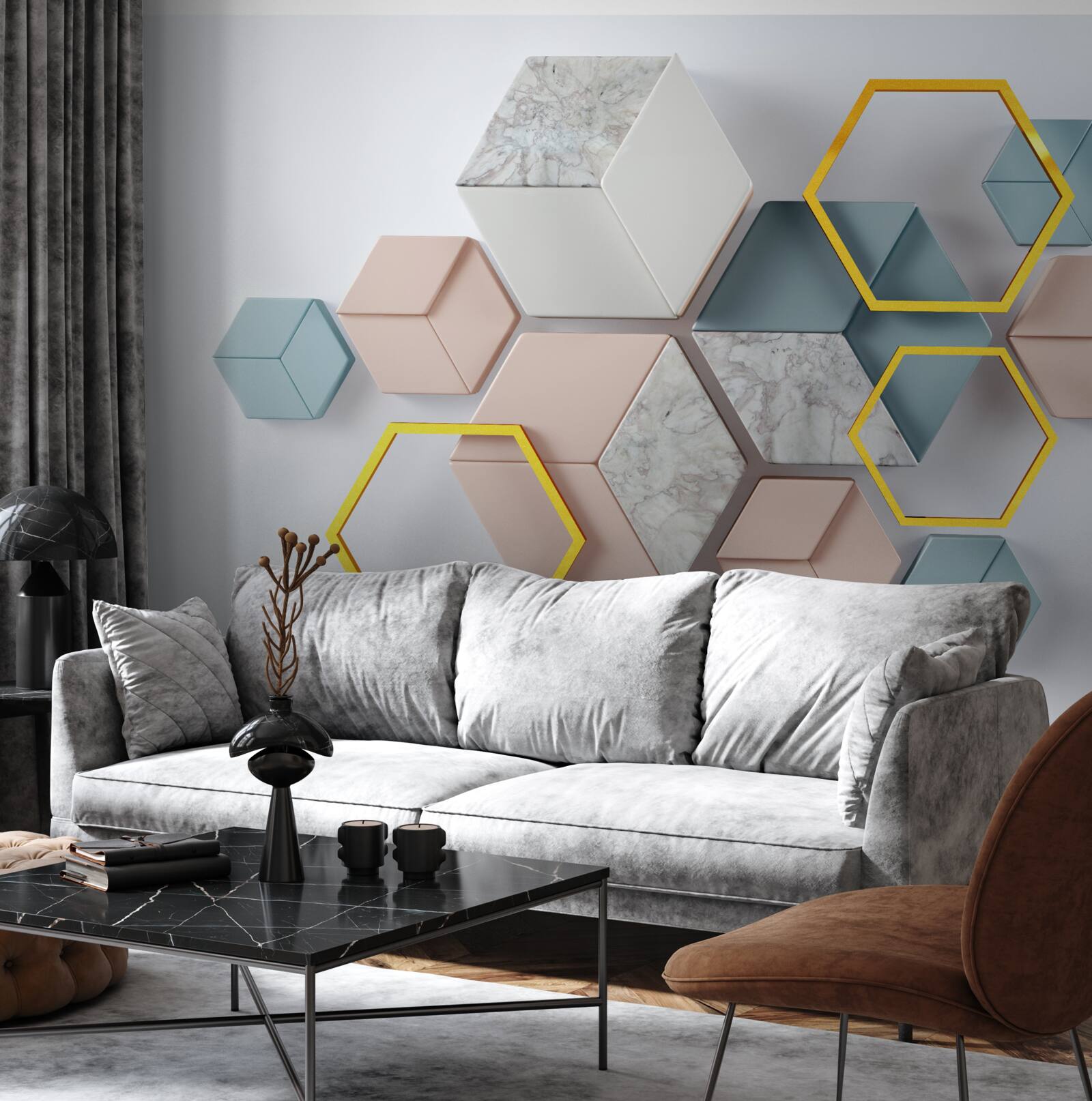 Fototapet forme pentagonale în trei dimensiuni pe un fundal gri