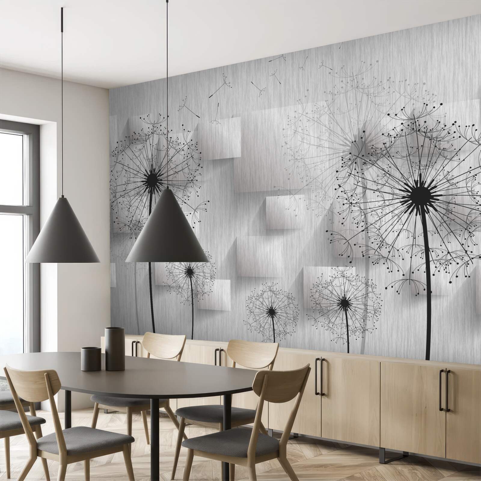 Fototapet păpădii pe un fundal de forme geometrice care formează pătrate